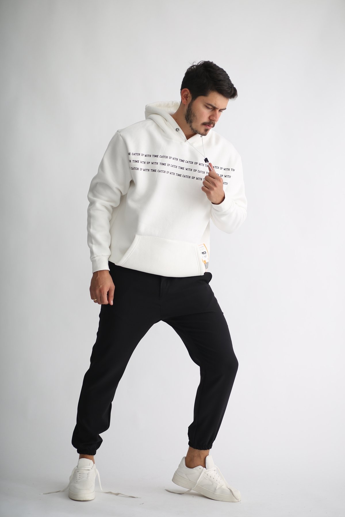 Beyaz Erkek Kapşonlu Sweatshirt K-283