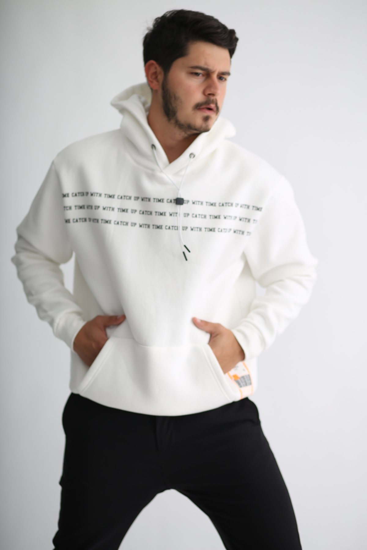 Beyaz Erkek Kapşonlu Sweatshirt K-283