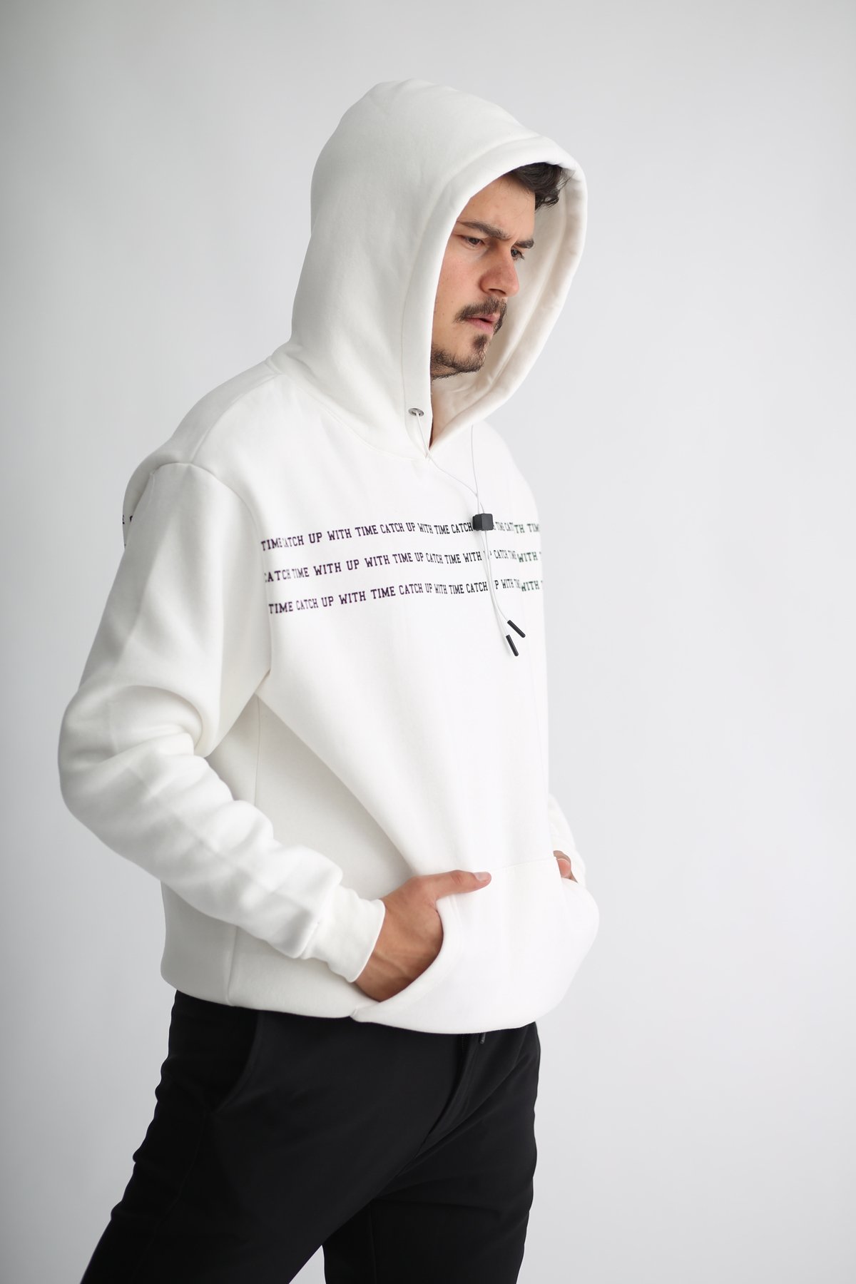 Beyaz Erkek Kapşonlu Sweatshirt K-283