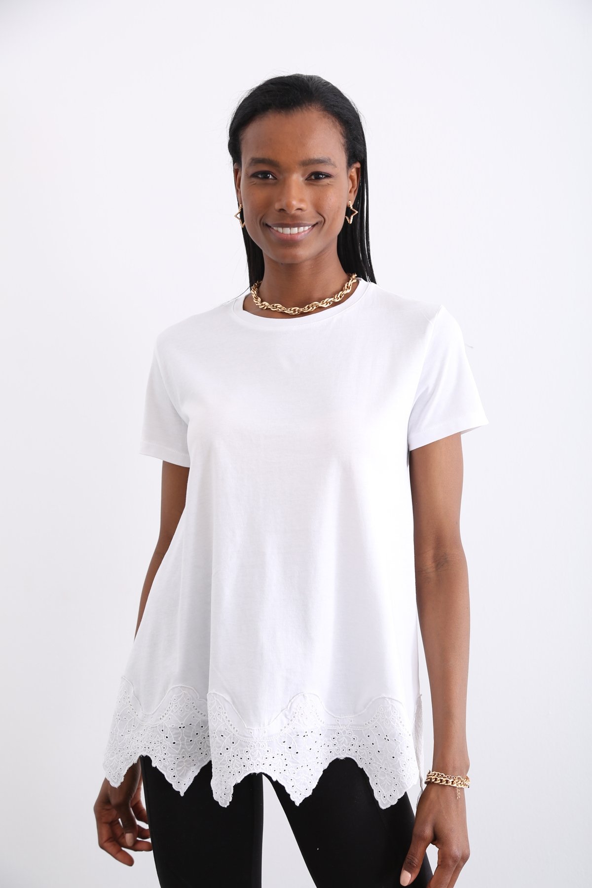 Beyaz Etek Ucu Fisto Tshirt 1260