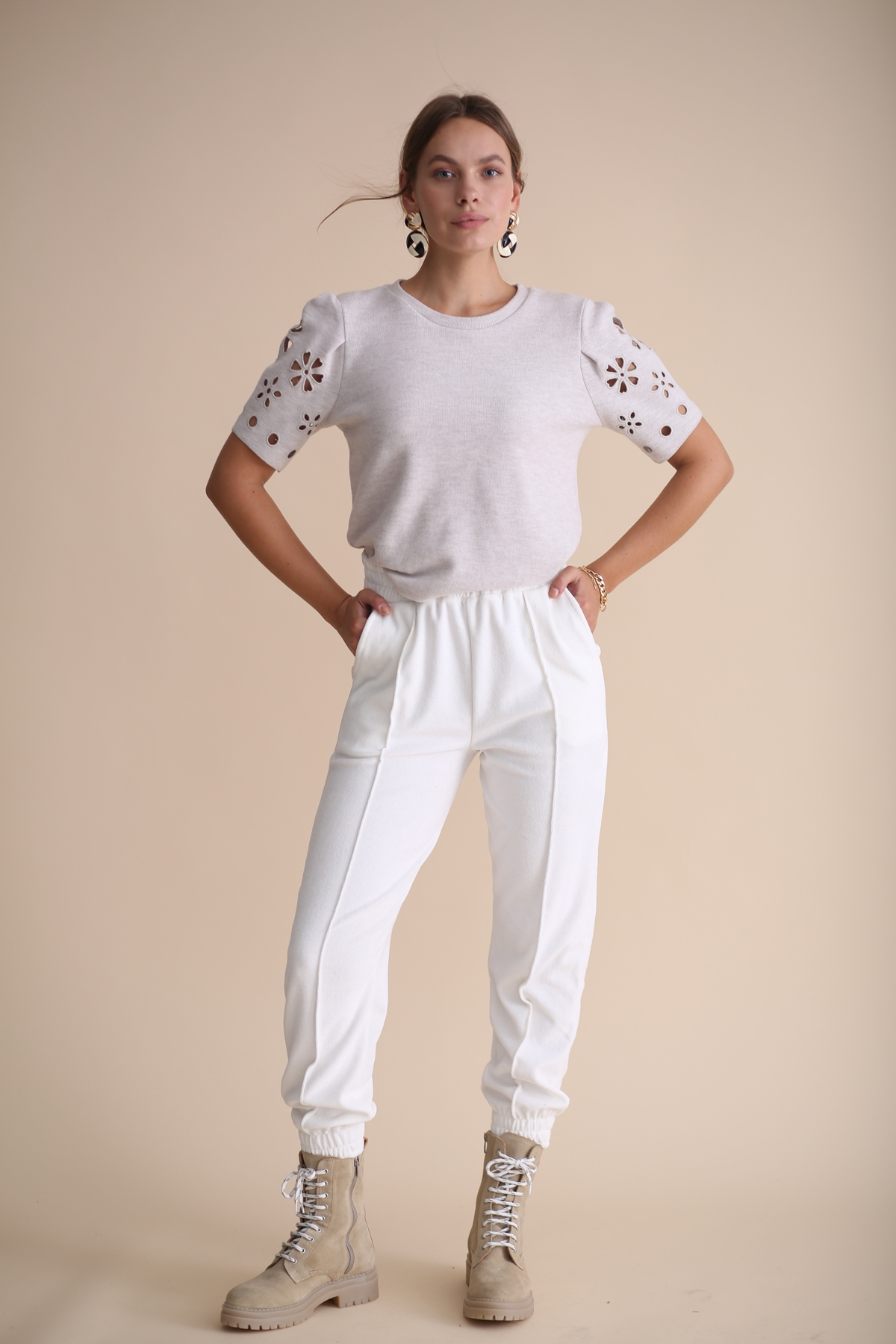 Beyaz Havlu Kadife Jogger Pantolon 33026