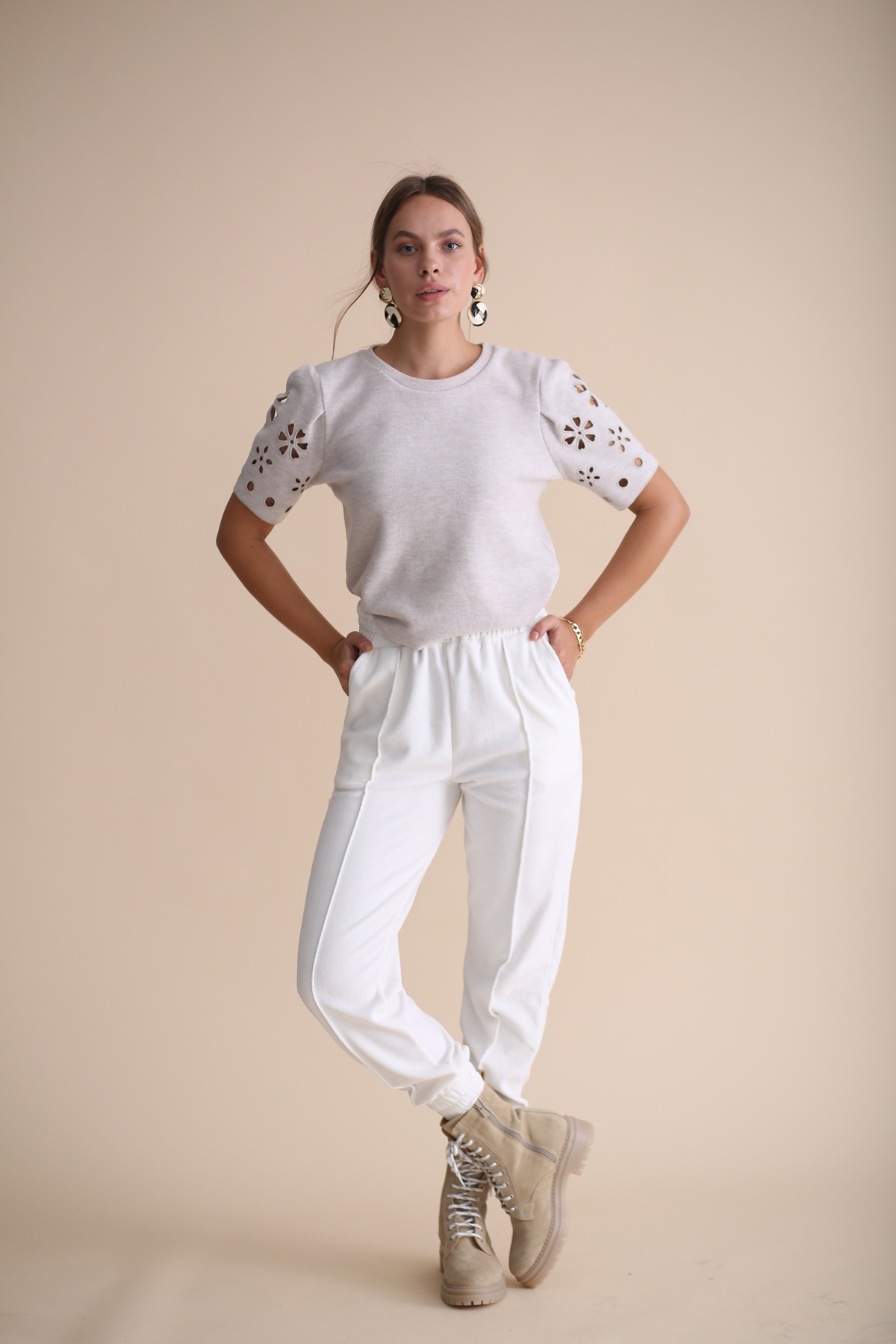 Beyaz Havlu Kadife Jogger Pantolon 33026