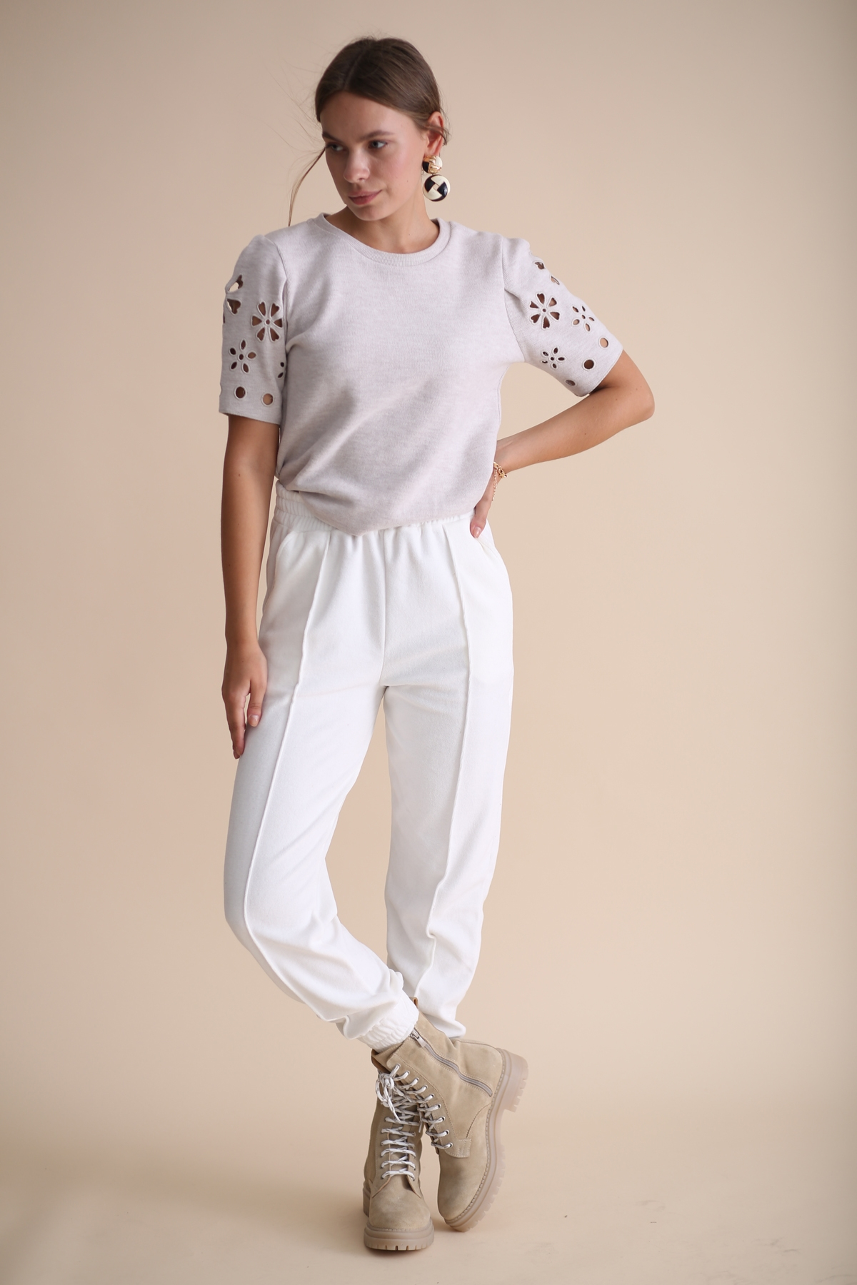 Beyaz Havlu Kadife Jogger Pantolon 33026