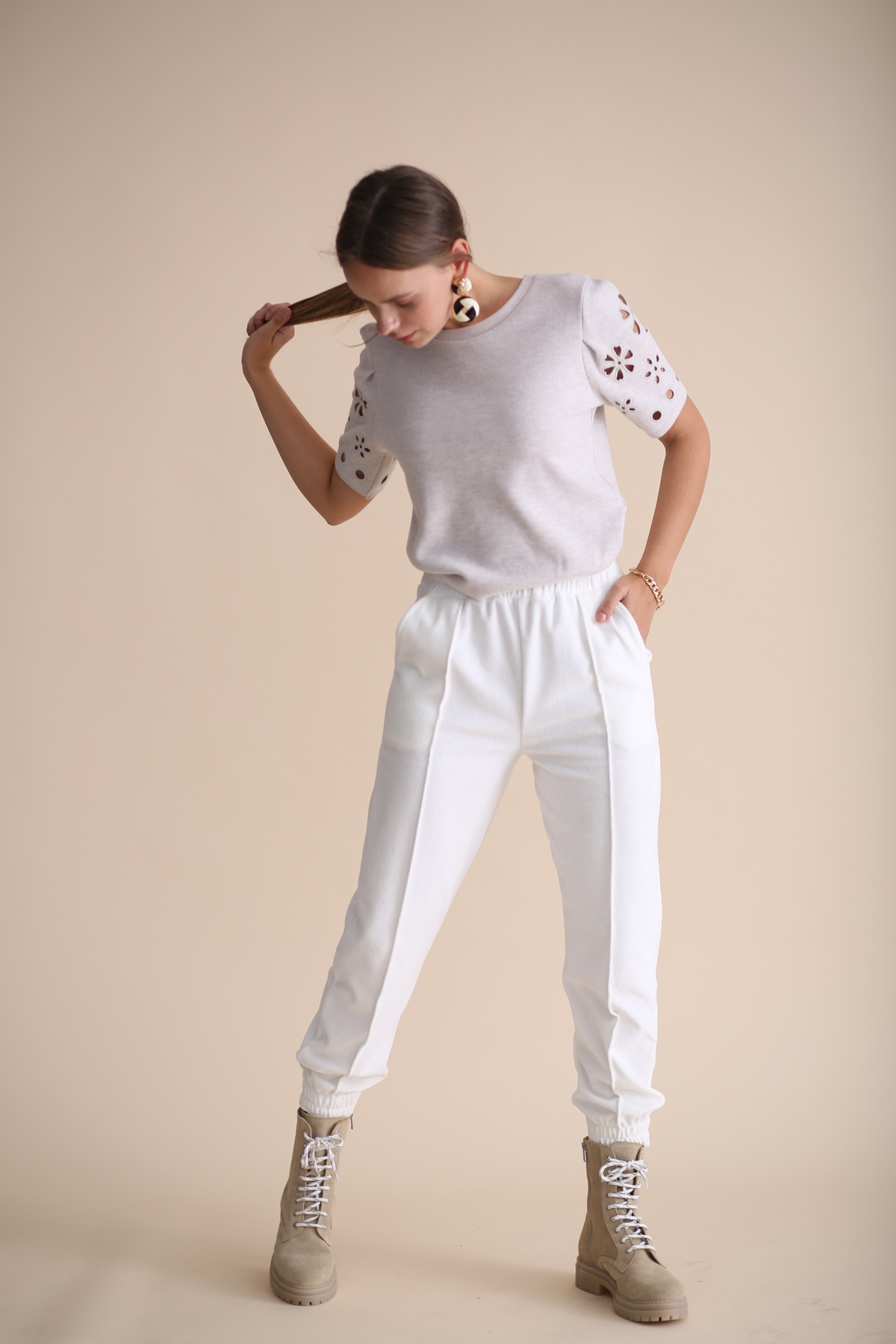 Beyaz Havlu Kadife Jogger Pantolon 33026