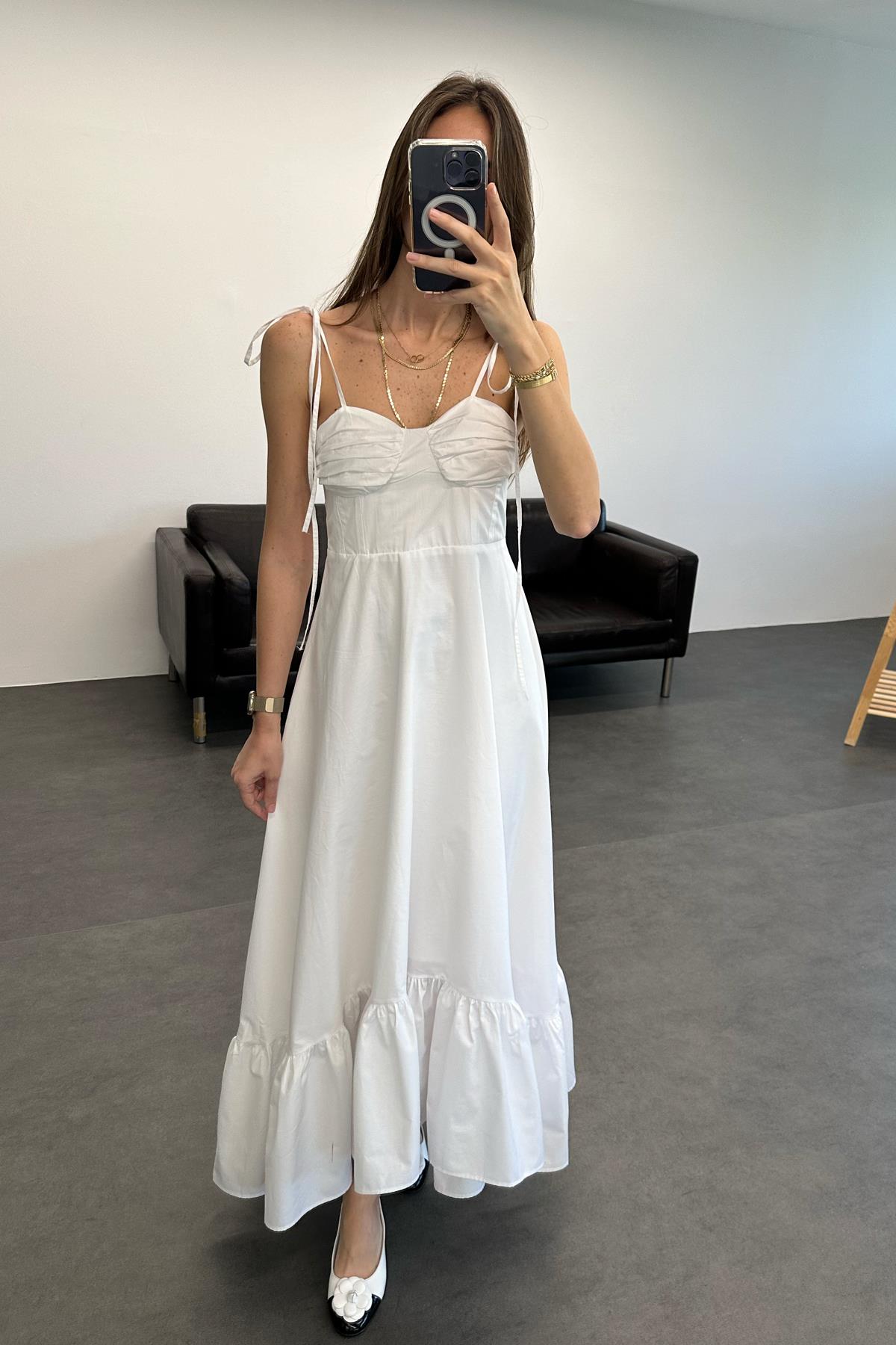 Beyaz İnce Askılı Eteği Volanlı Elbise 29853