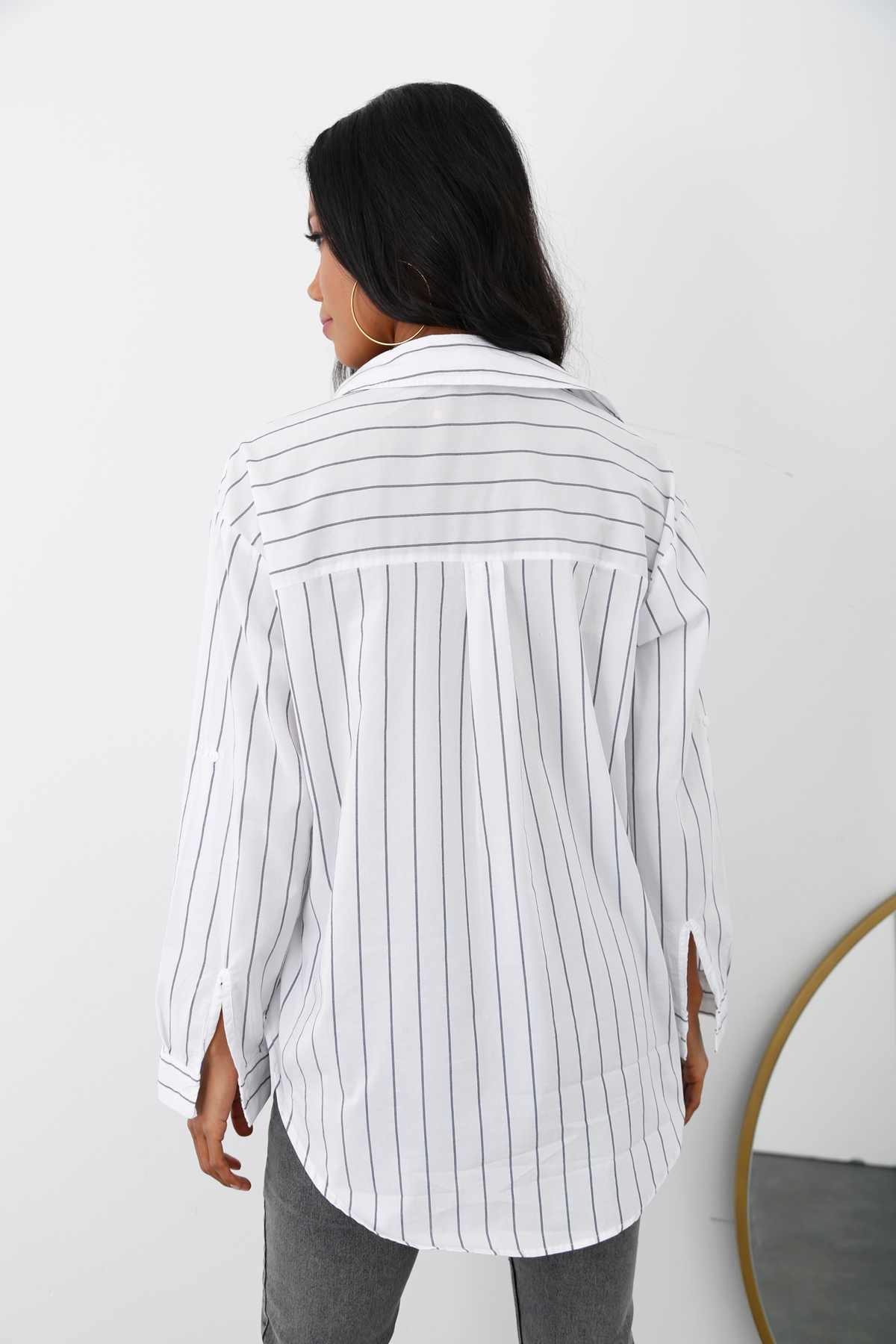 Beyaz İnce Çizgili Oversize Gömlek 4074