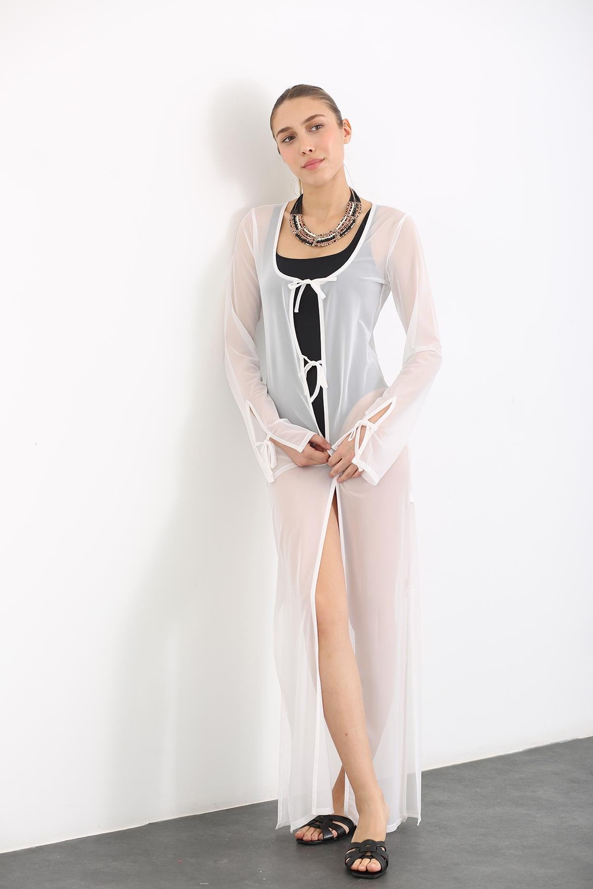 Beyaz Maxi Boy Tül Kimono 