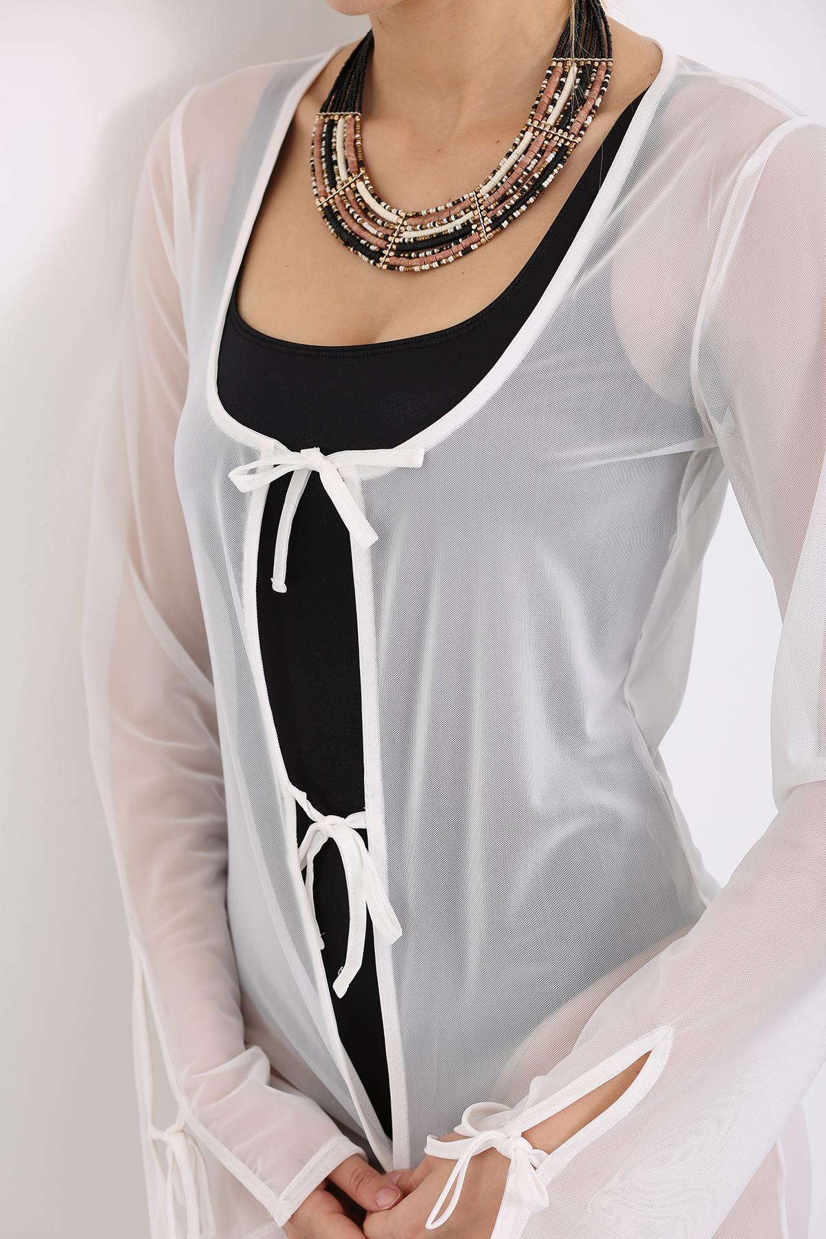 Beyaz Maxi Boy Tül Kimono 