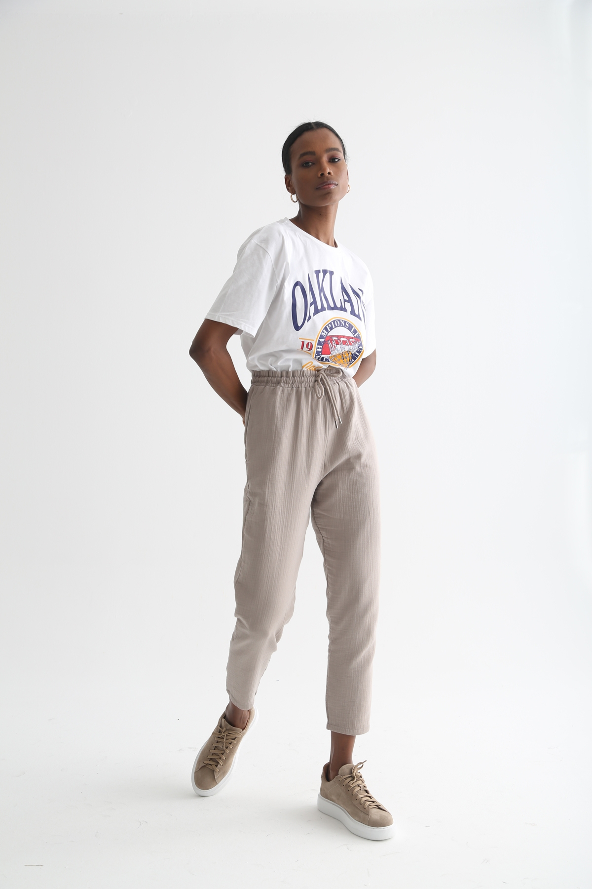 Beyaz Oakland Baskılı Tshirt 3323
