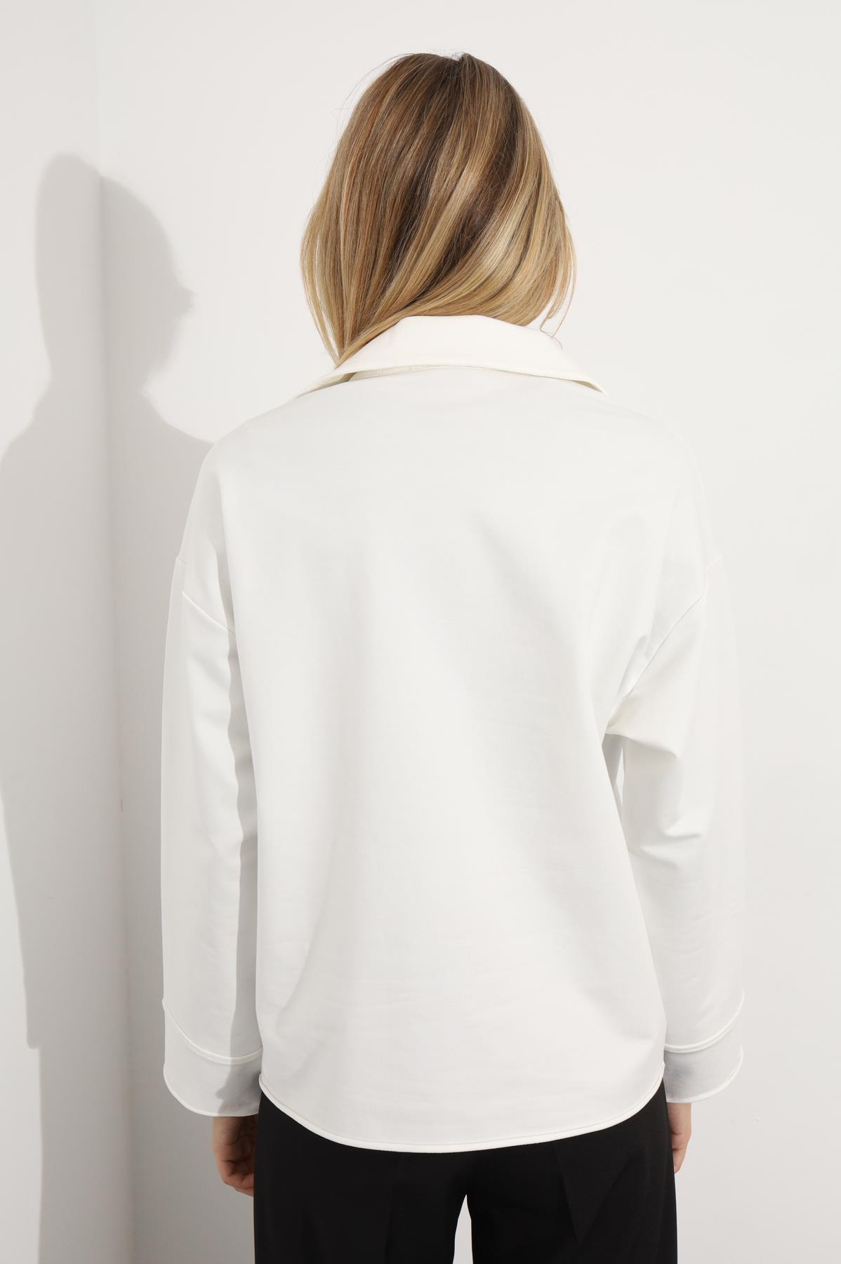 Beyaz Polo Yaka Fermuarlı Sweatshirt 24465