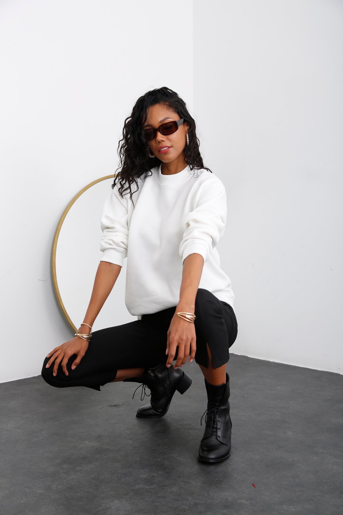 Beyaz Şardonlu Boyfriend Sweatshirt 0100