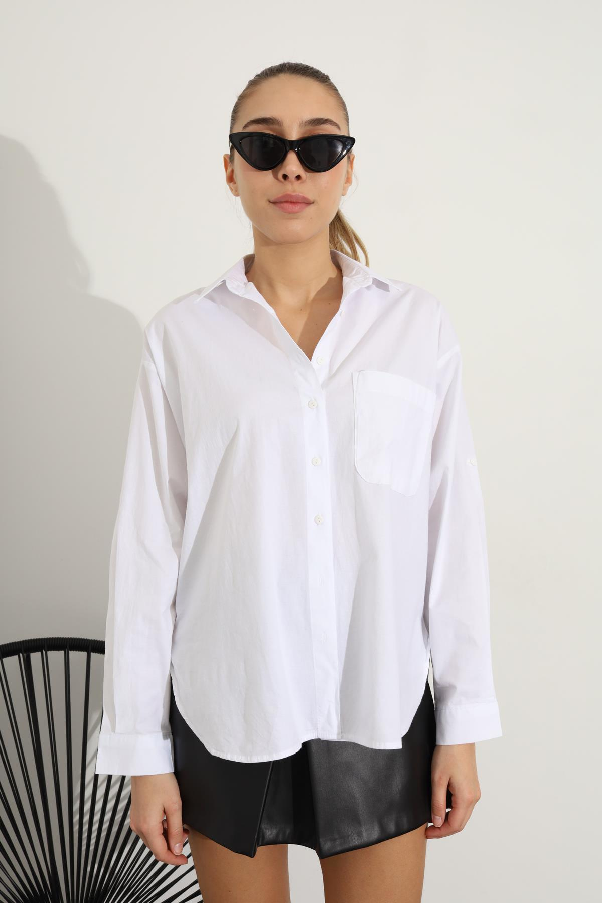 Beyaz Tek Cepli Oversize Gömlek 3802
