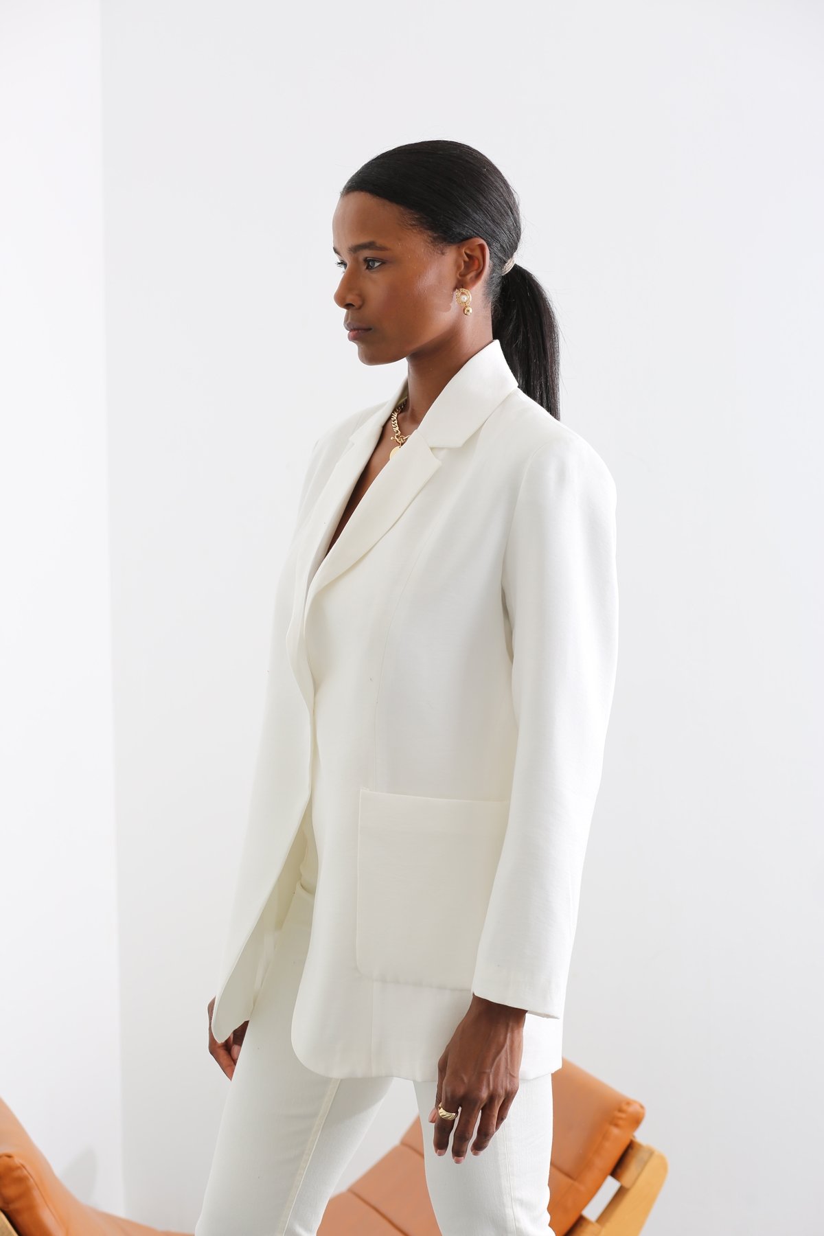 Beyaz Tek Düğmeli Blazer Ceket 7025