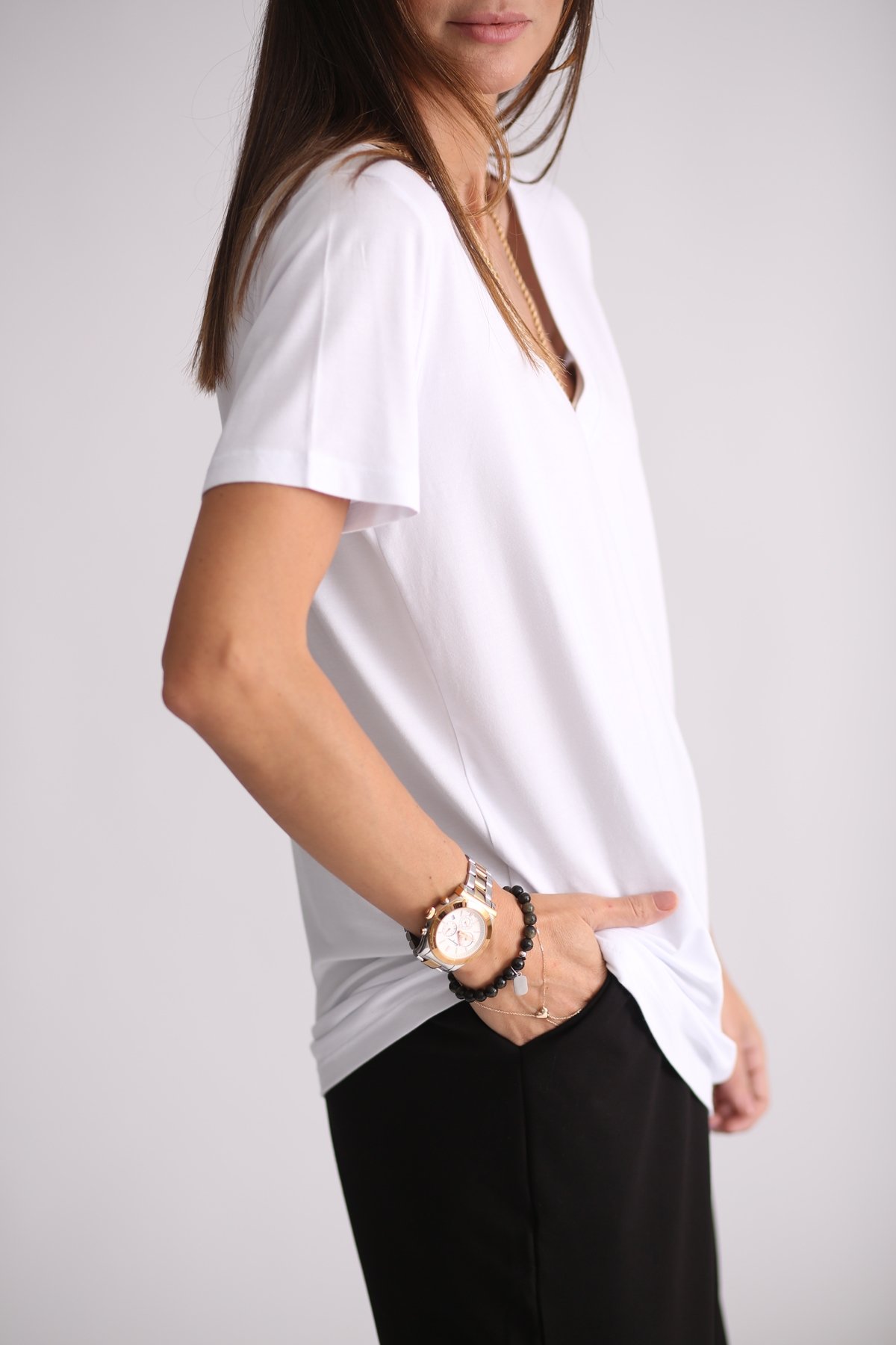 Beyaz V Yaka Tshirt-10002 