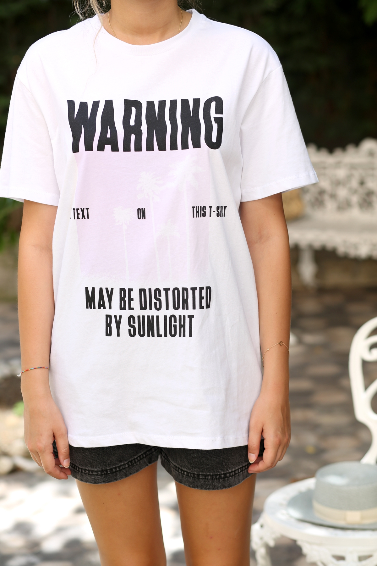 Beyaz Warning Baskılı Tshirt 3145