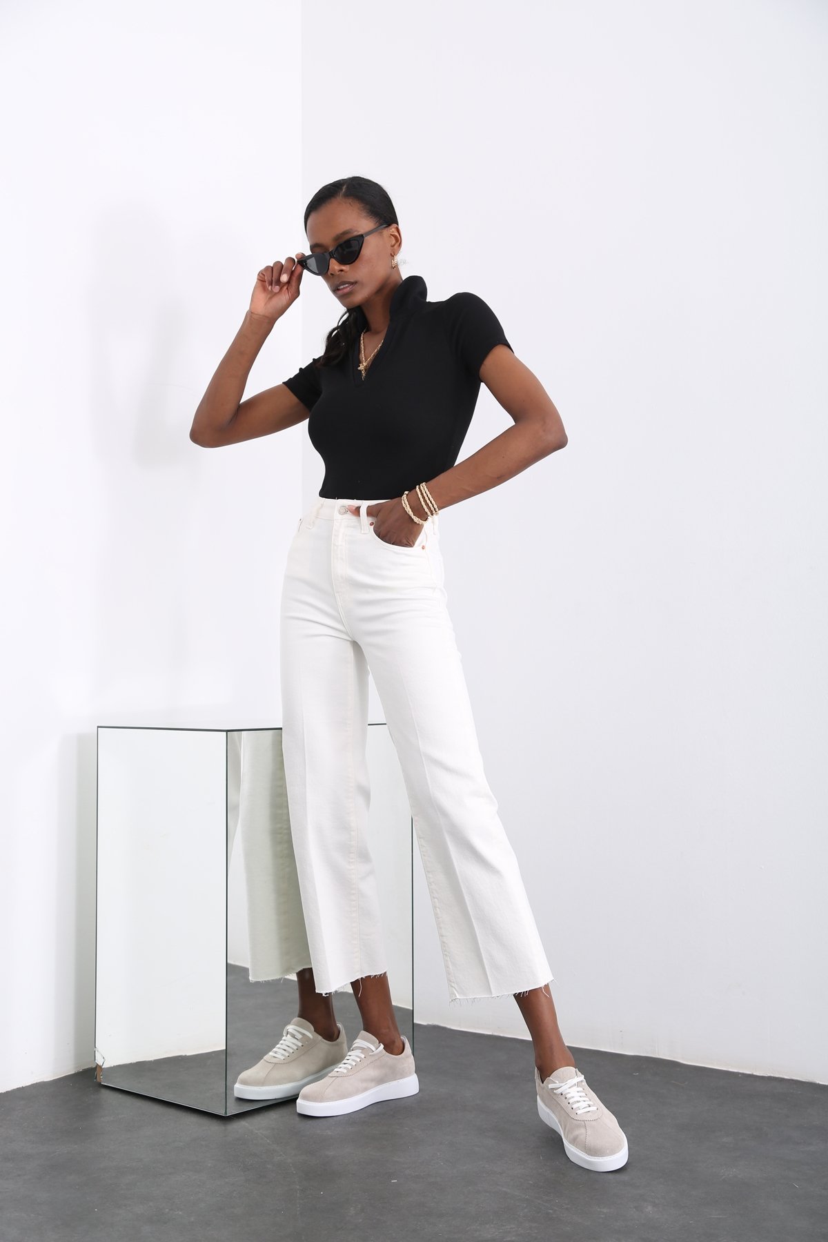 Beyaz Yüksek Bel Wide Leg Jean 
