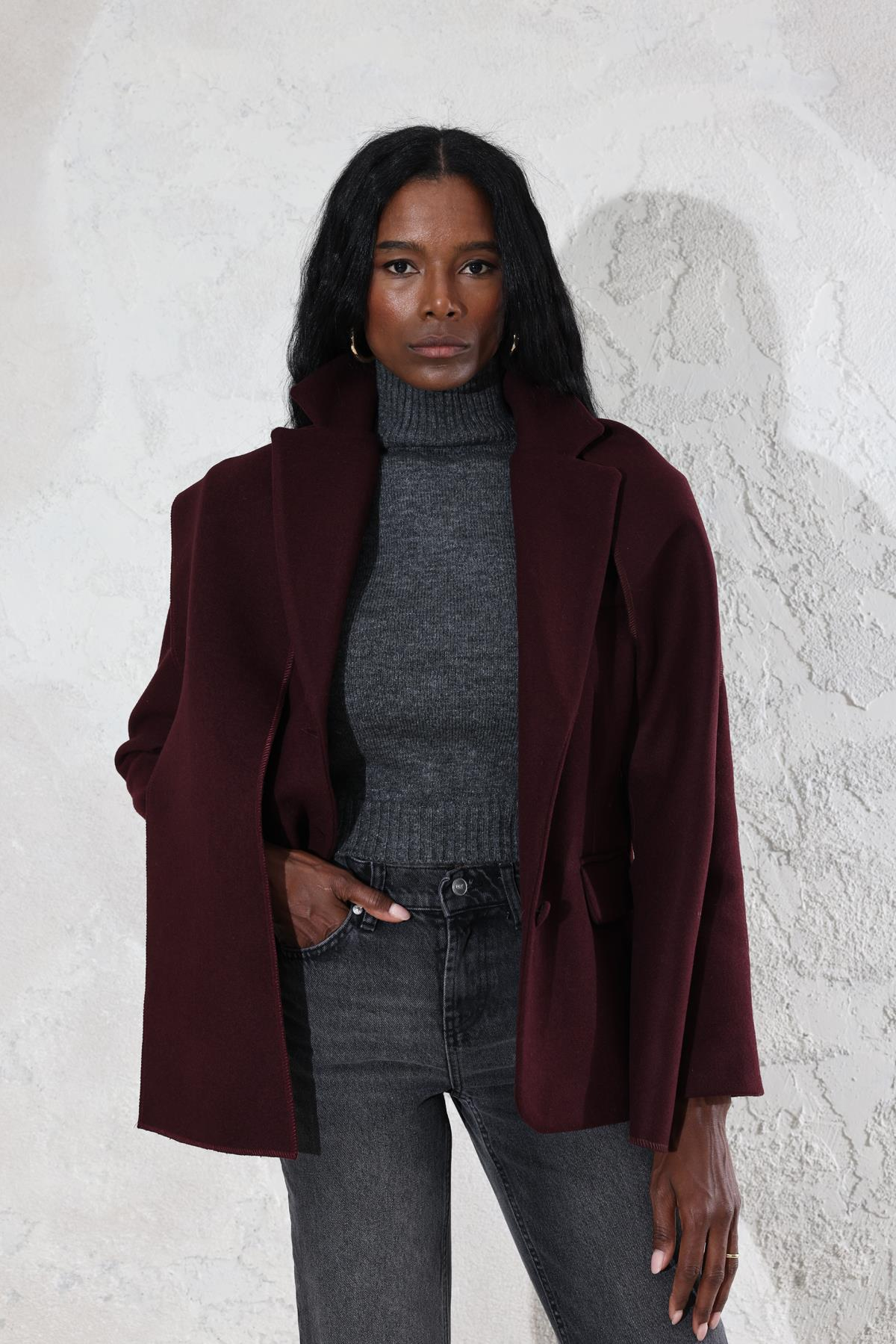 Bordo Atkılı Kaşe Blazer Ceket 509054