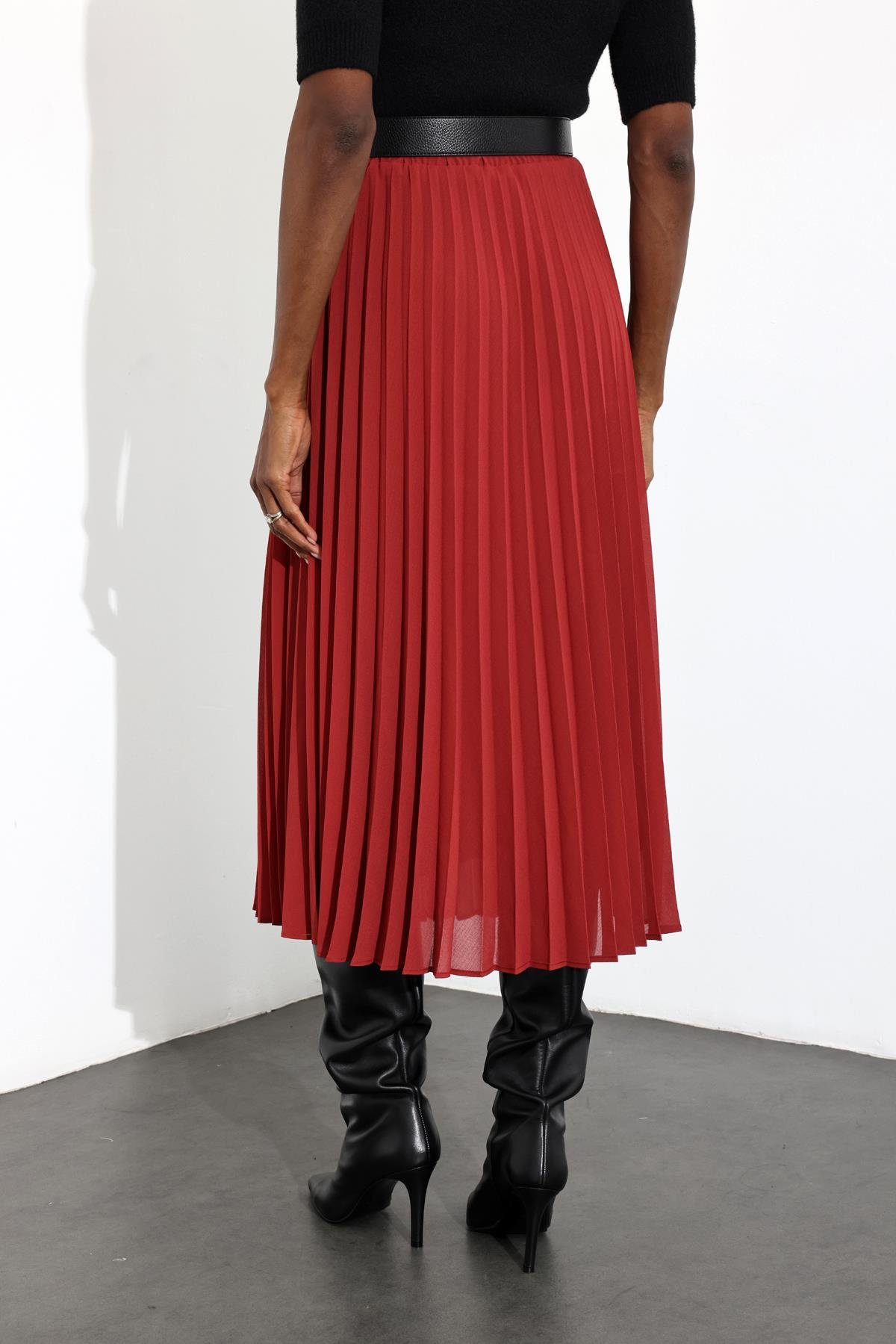 Bordo Beli Lastikli Piliseli Etek 6444