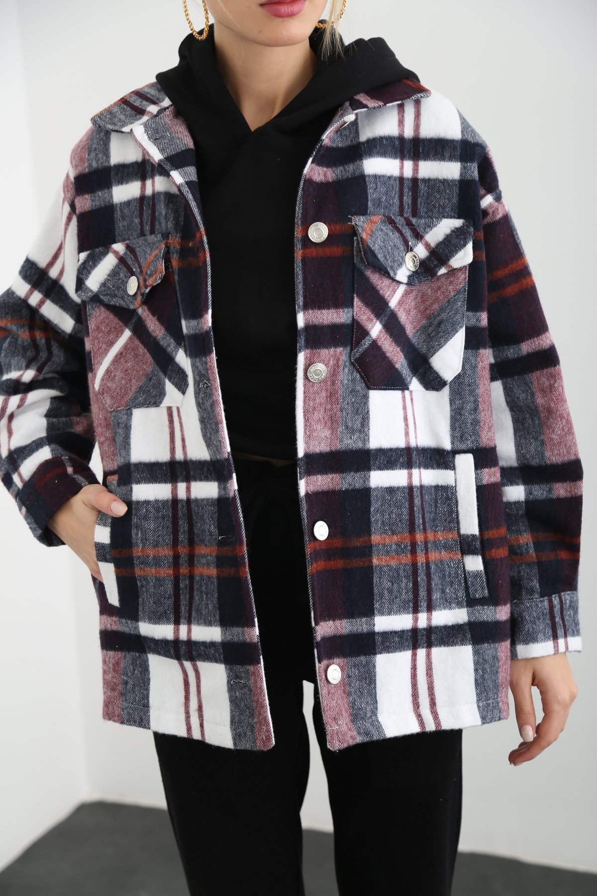 Bordo Çift Cep Ekose Gömlek Ceket 6055