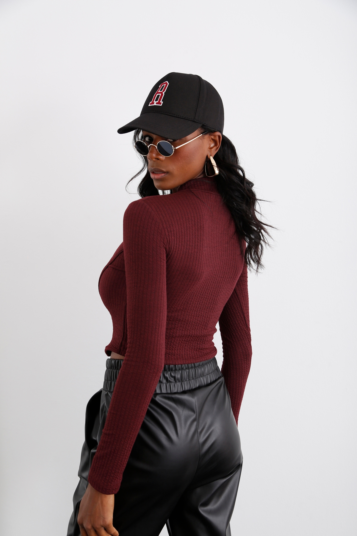 Bordo Dik Yaka Parçalı Bluz 3976