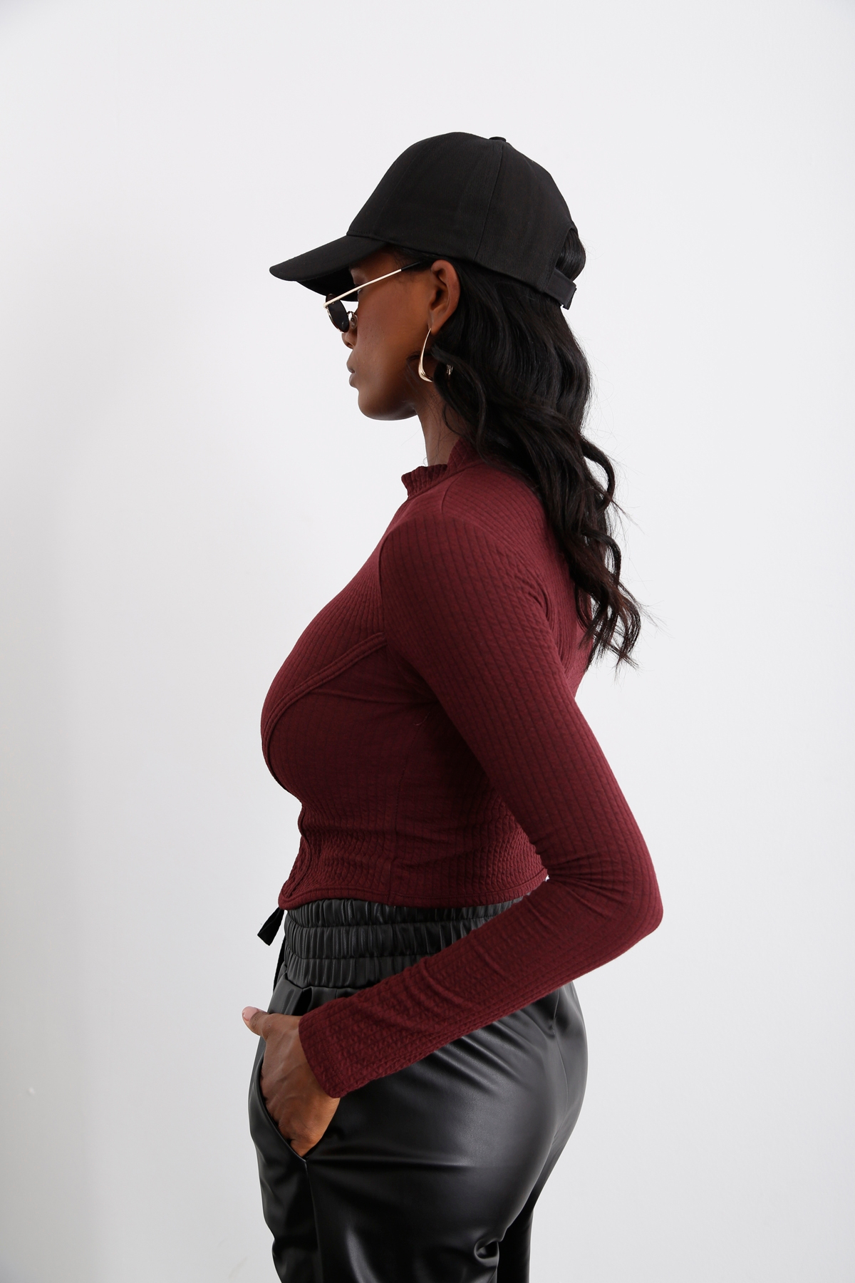 Bordo Dik Yaka Parçalı Bluz 3976