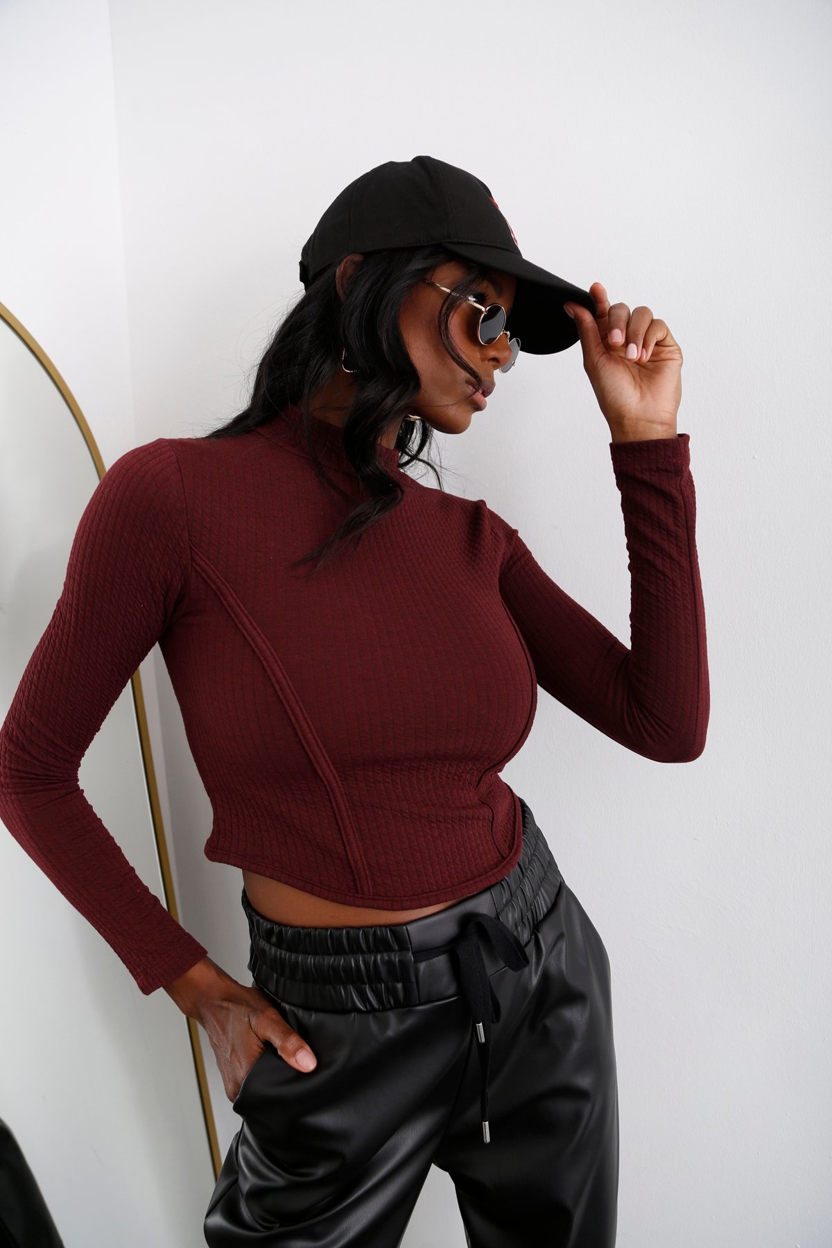 Bordo Dik Yaka Parçalı Bluz 3976