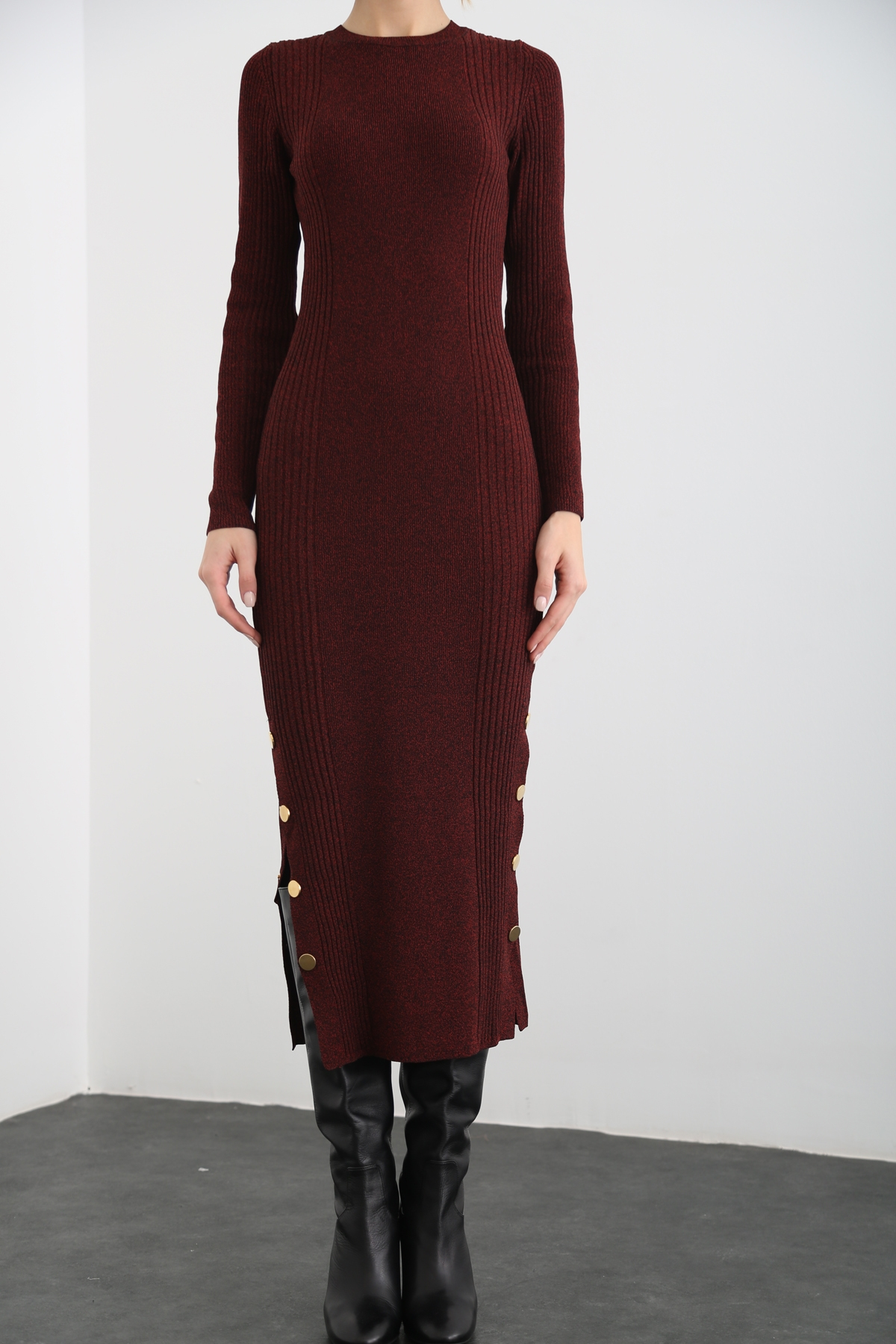 Bordo Gold Düğme Detaylı Elbise 