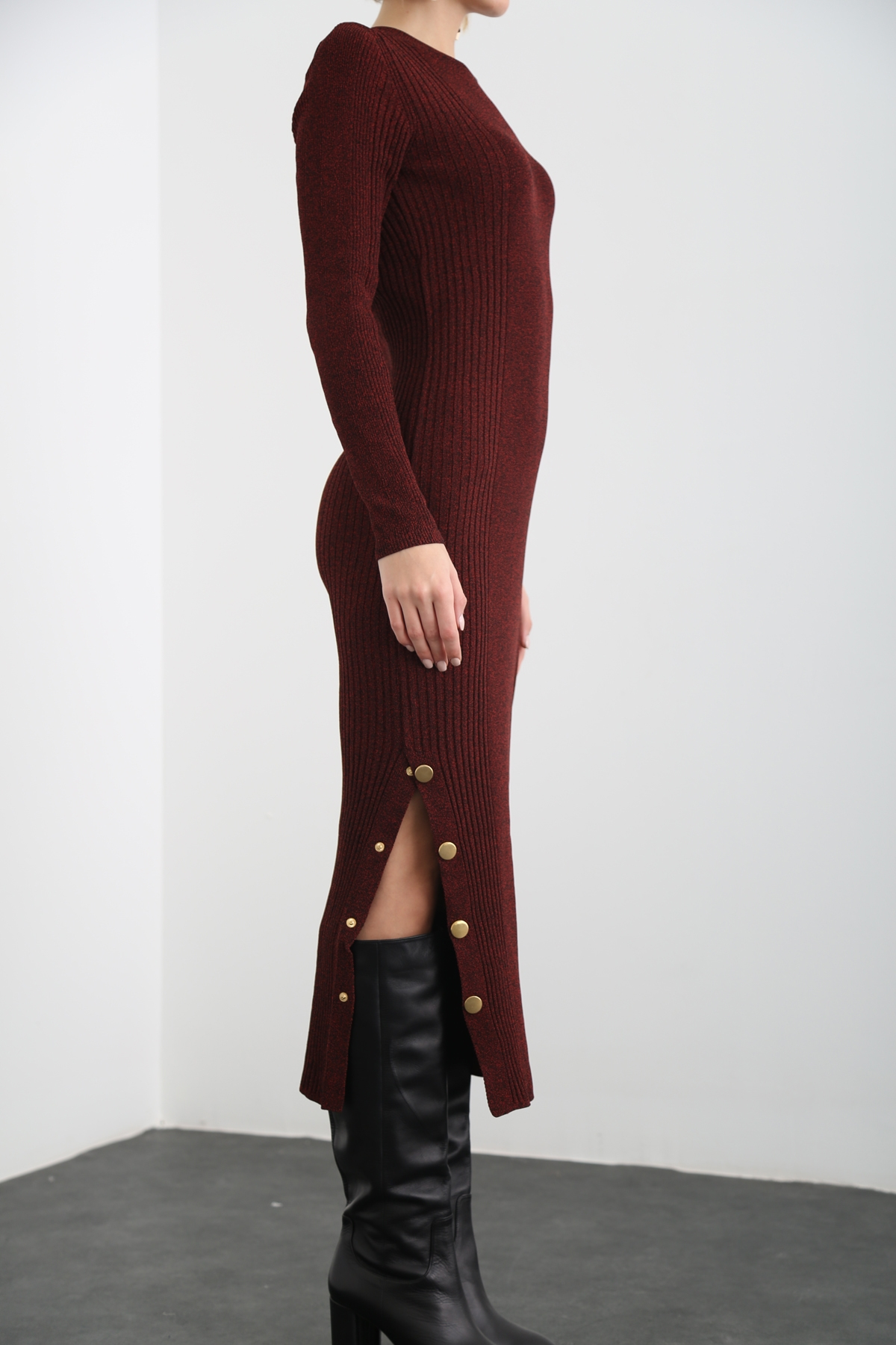 Bordo Gold Düğme Detaylı Elbise 