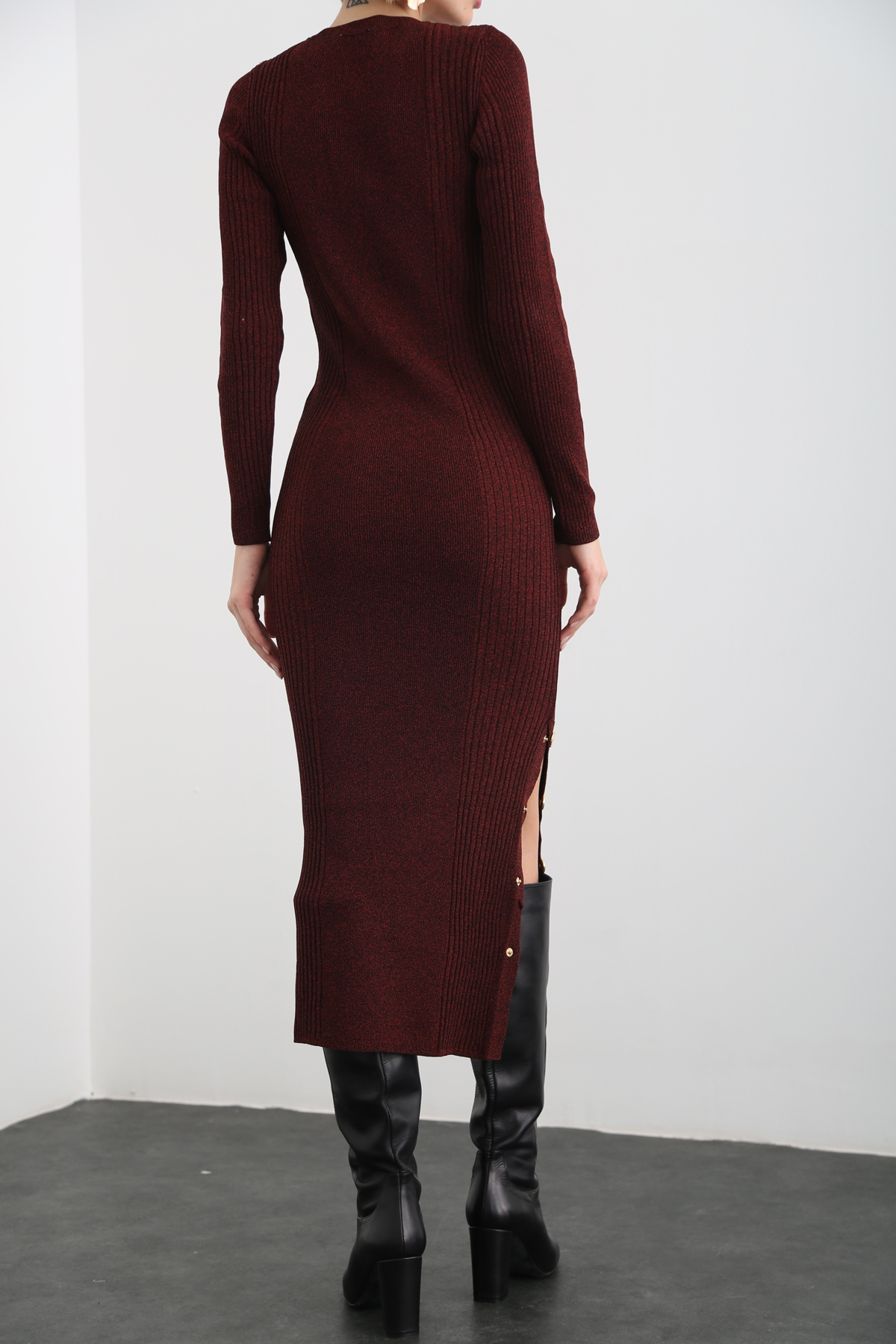 Bordo Gold Düğme Detaylı Elbise 