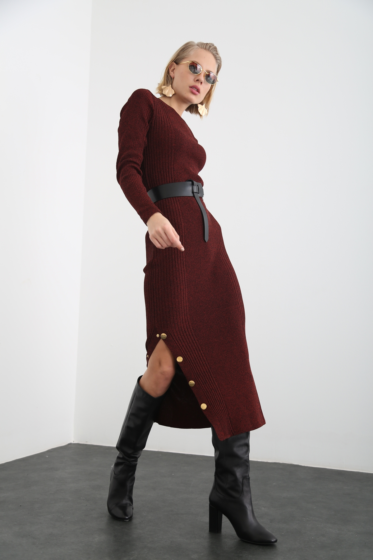Bordo Gold Düğme Detaylı Elbise 