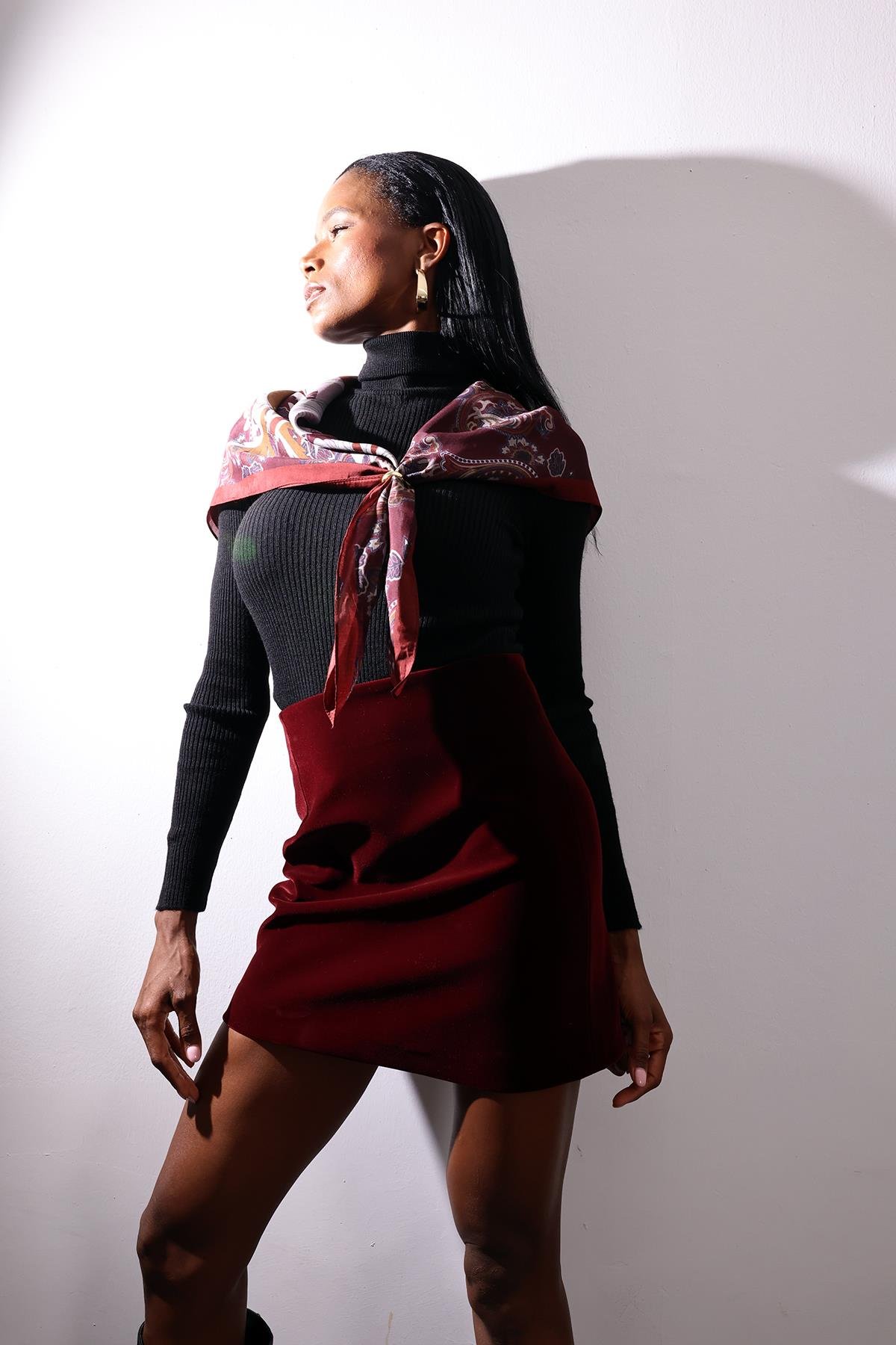 Bordo Kadife Mini Etek 