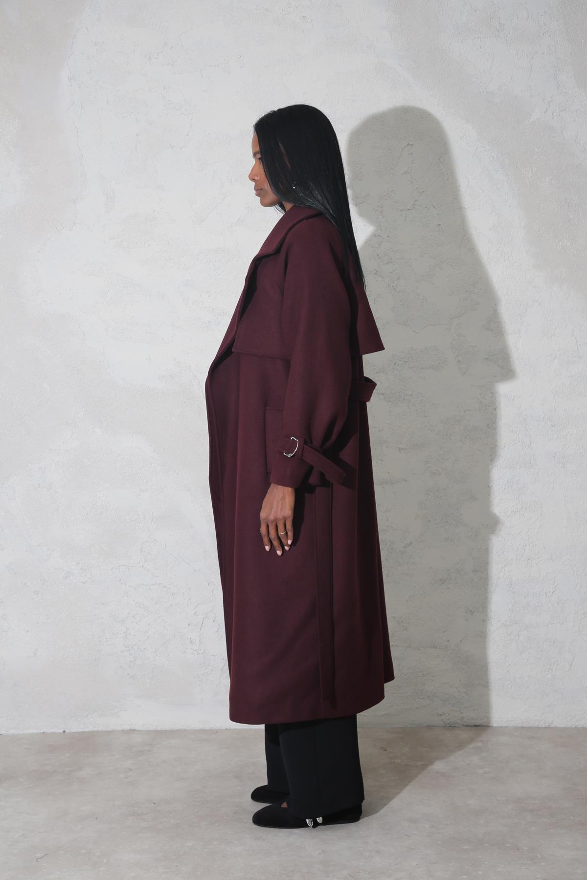Bordo Kuşaklı Kolu Kemerli Maxi Boy Palto 500004