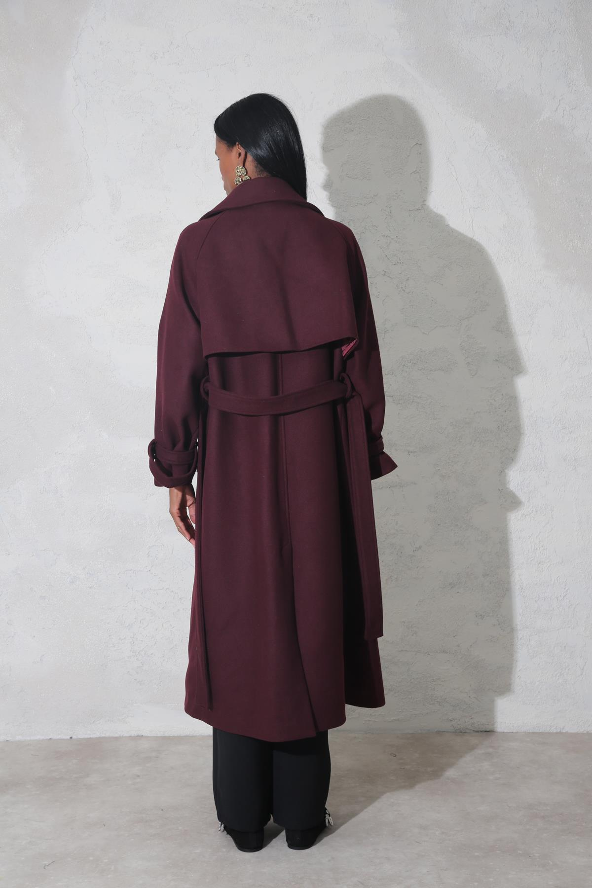 Bordo Kuşaklı Kolu Kemerli Maxi Boy Palto 500004