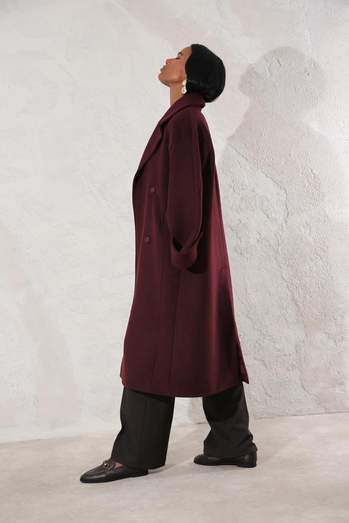 Bordo Kuşaklı Kruvaze Palto 509029