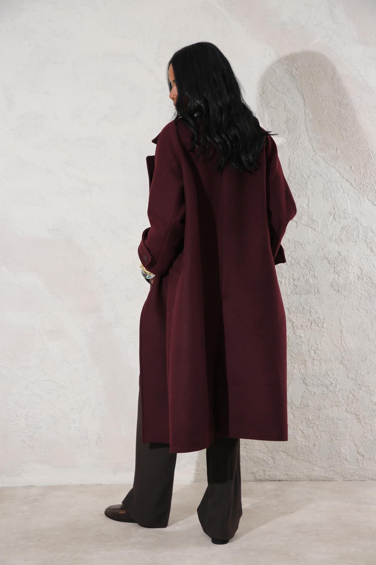 Bordo Kuşaklı Kruvaze Palto 509029