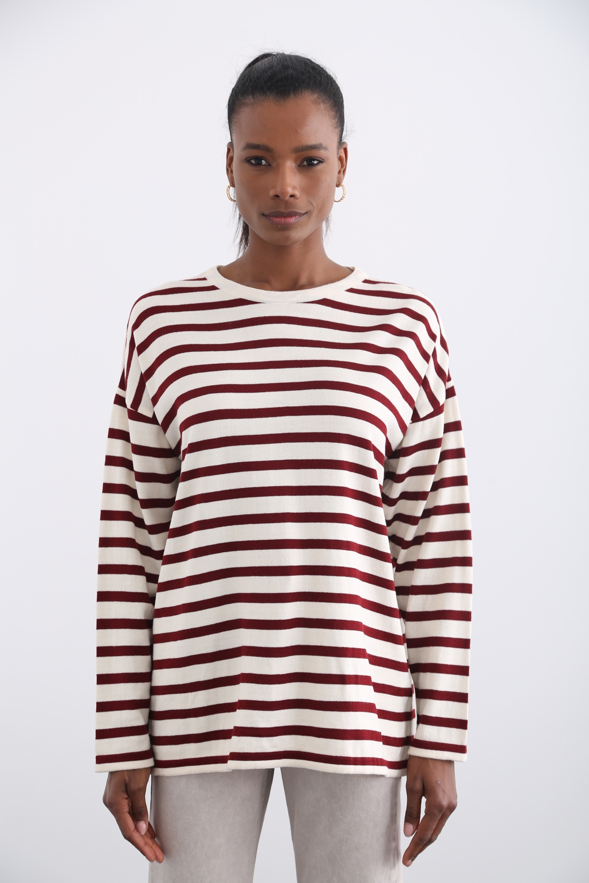 Bordo Oversize Çizgili Triko 13034