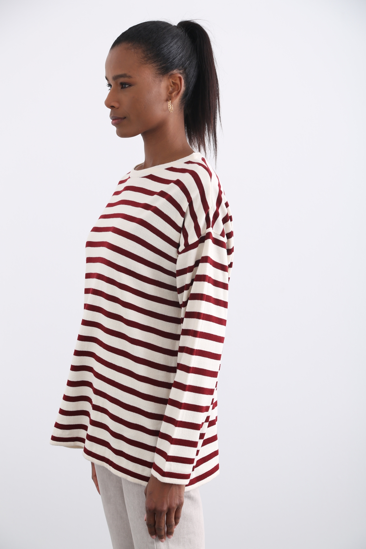 Bordo Oversize Çizgili Triko 13034