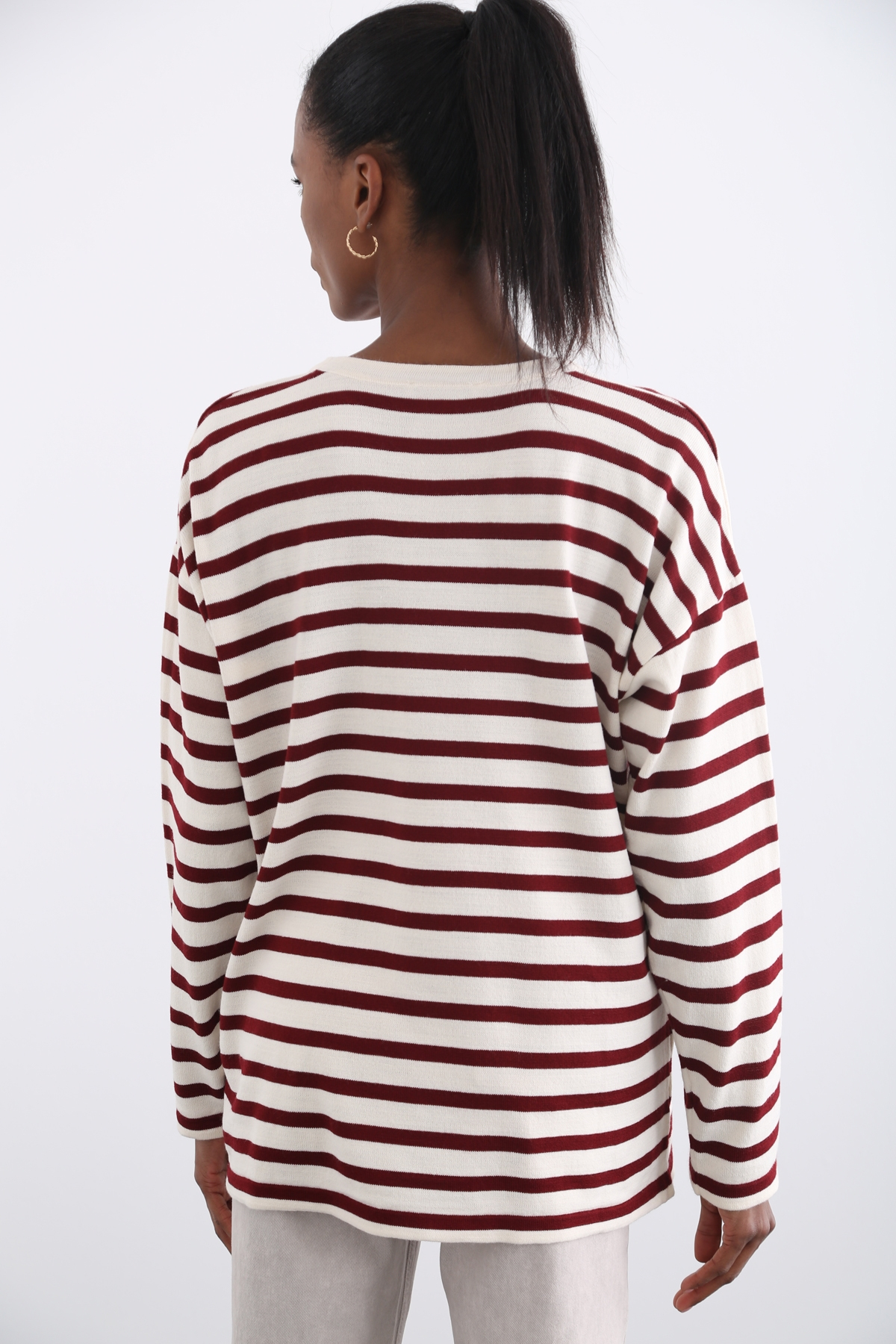 Bordo Oversize Çizgili Triko 13034