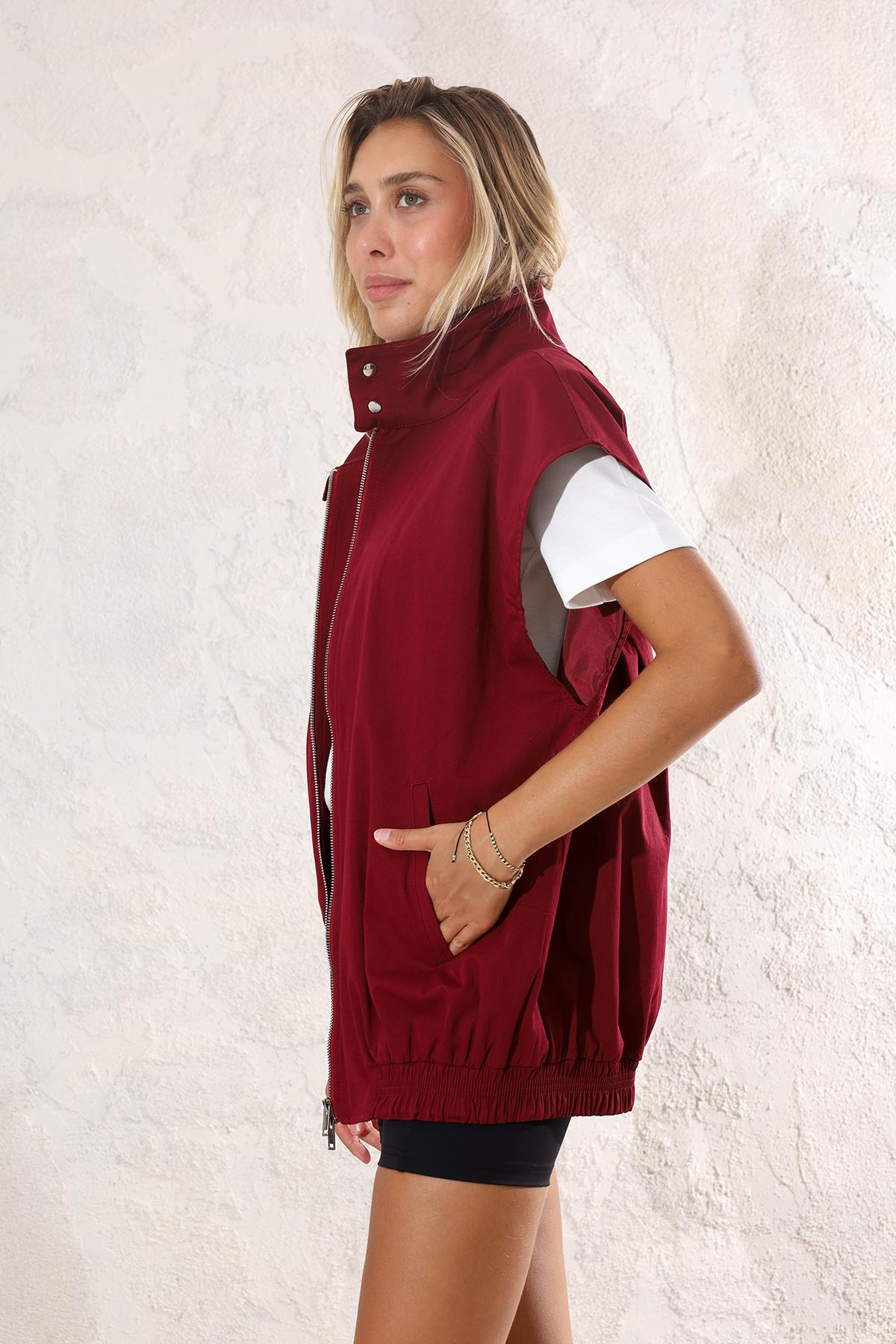 Bordo Oversize Fermuarlı Yelek 35086