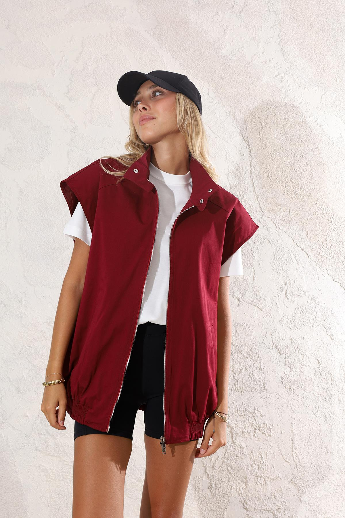Bordo Oversize Fermuarlı Yelek 35086