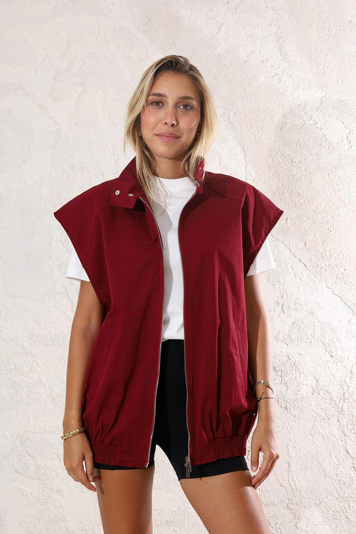 Bordo Oversize Fermuarlı Yelek 35086