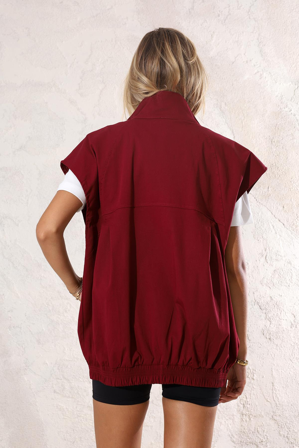 Bordo Oversize Fermuarlı Yelek 35086