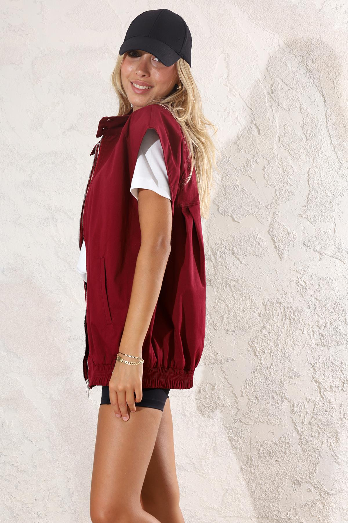 Bordo Oversize Fermuarlı Yelek 35086