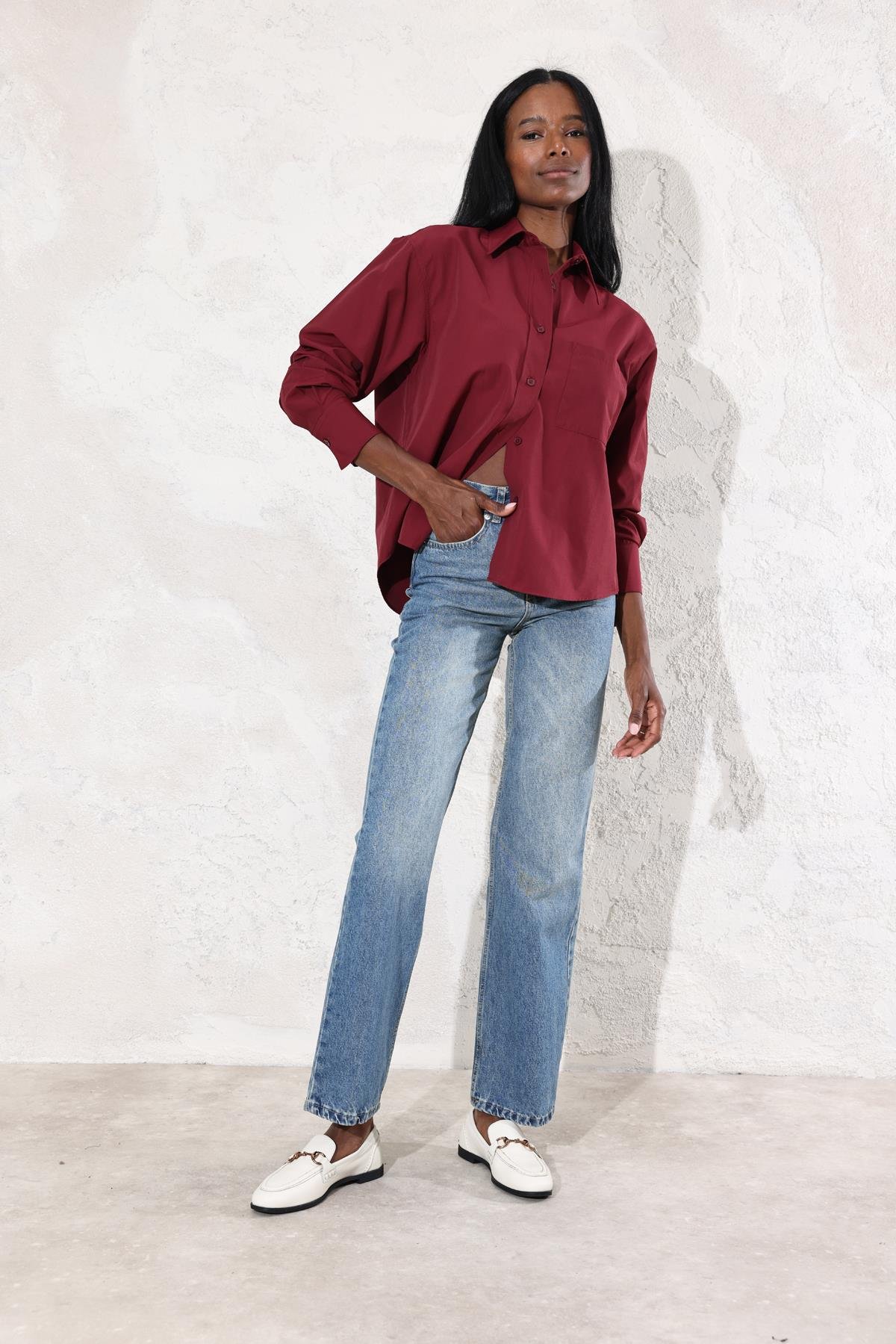 Bordo Oversize Tek Cepli Gömlek 0019