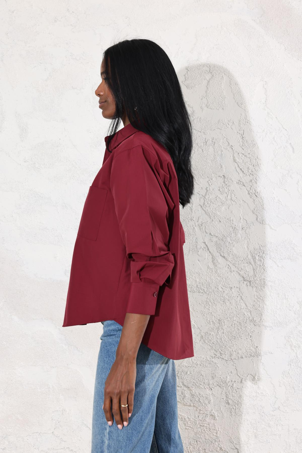 Bordo Oversize Tek Cepli Gömlek 0019