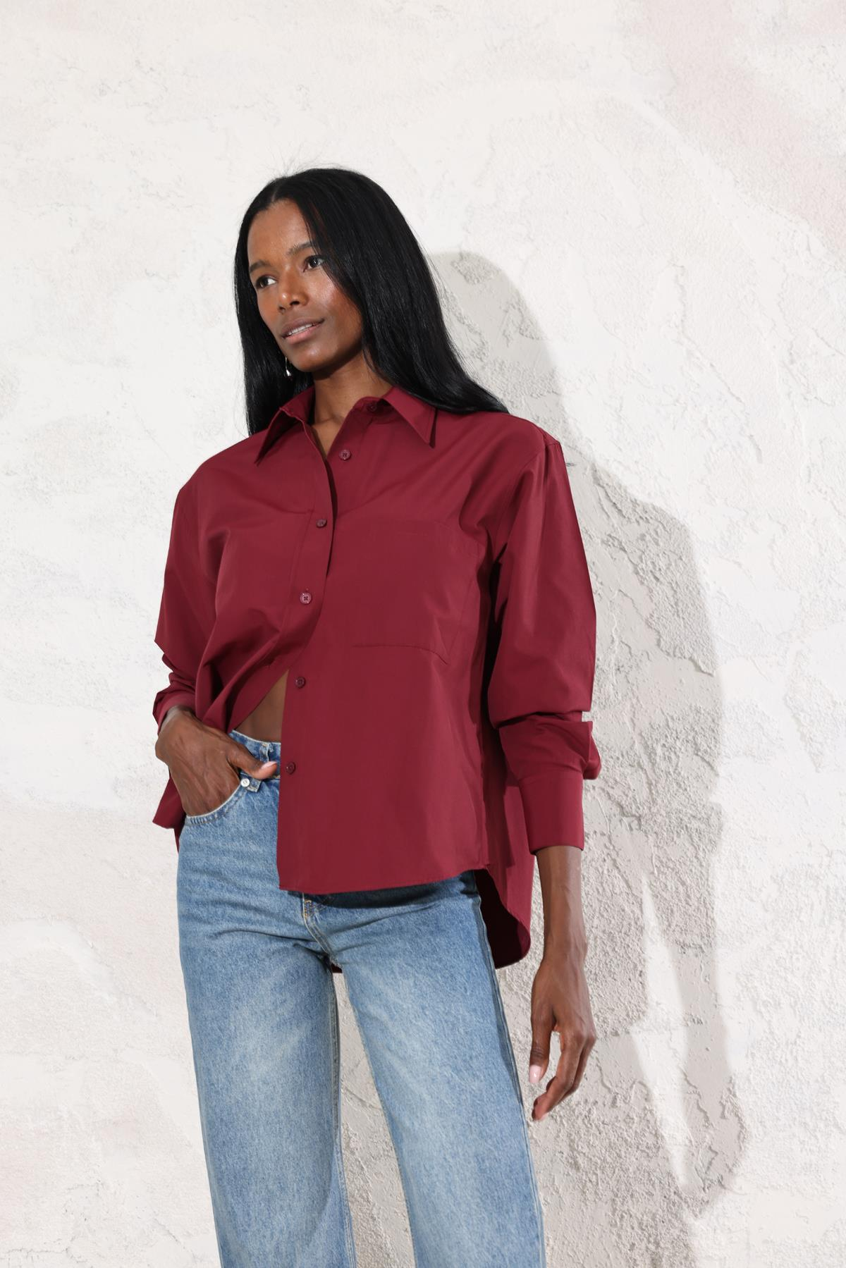Bordo Oversize Tek Cepli Gömlek 0019