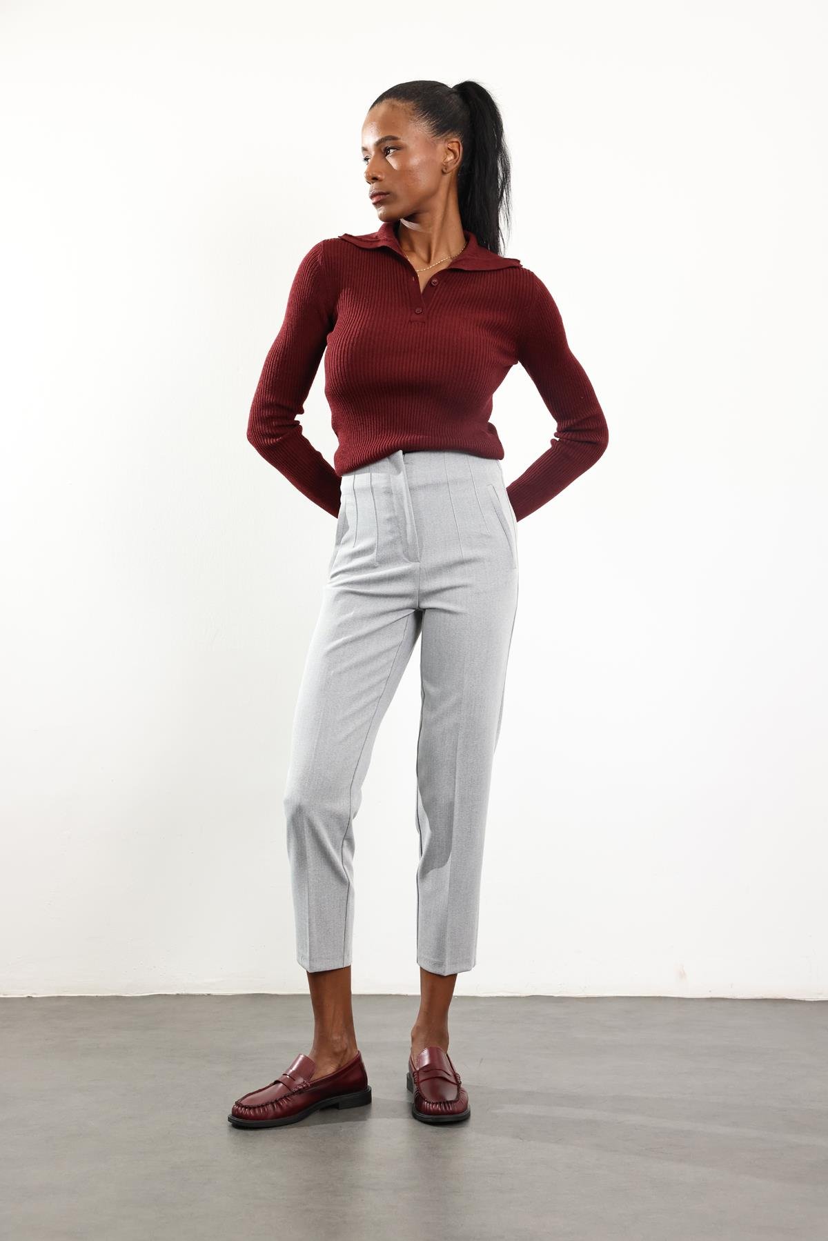 Bordo Polo Yaka Düğmeli Triko 251001