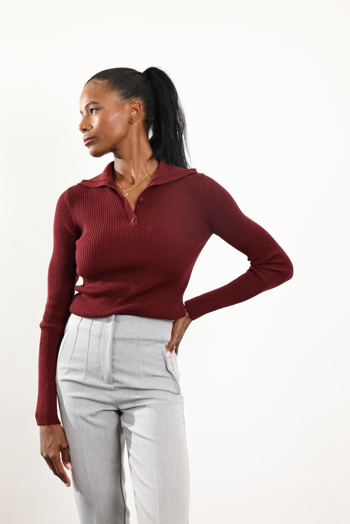 Bordo Polo Yaka Düğmeli Triko 251001