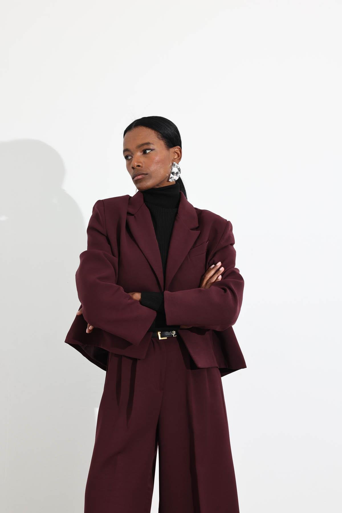 Bordo Tek Düğmeli Blazer Ceket Pantolon Takım 9489