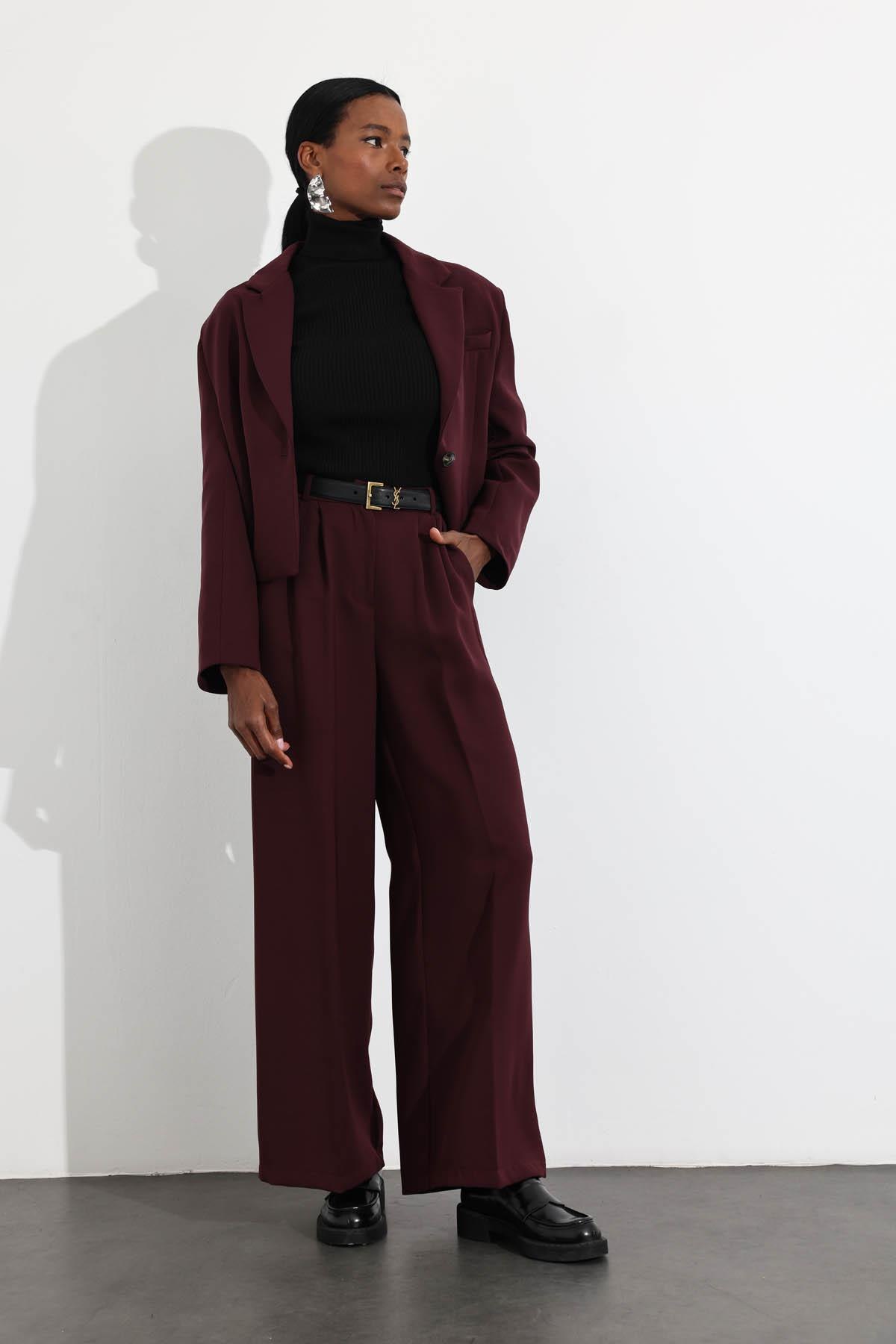 Bordo Tek Düğmeli Blazer Ceket Pantolon Takım 9489